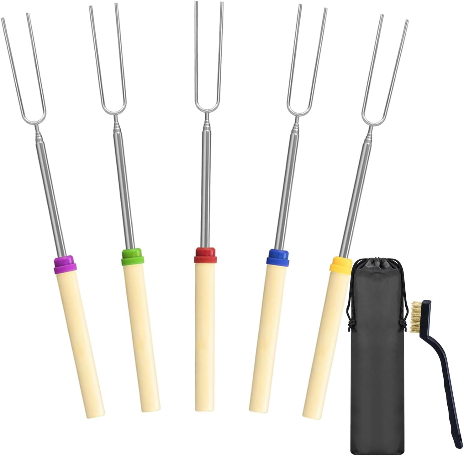 7 Pack Marshmallow Roasting Sticks Set, 5 Pcs Extendable 32In Long Metal Barbecue Skewers with Bag & Brush, Smores Kit for Marshmallow, Hot Dog Fork Campfire Travel Cooking Equipment Essentials image number 1