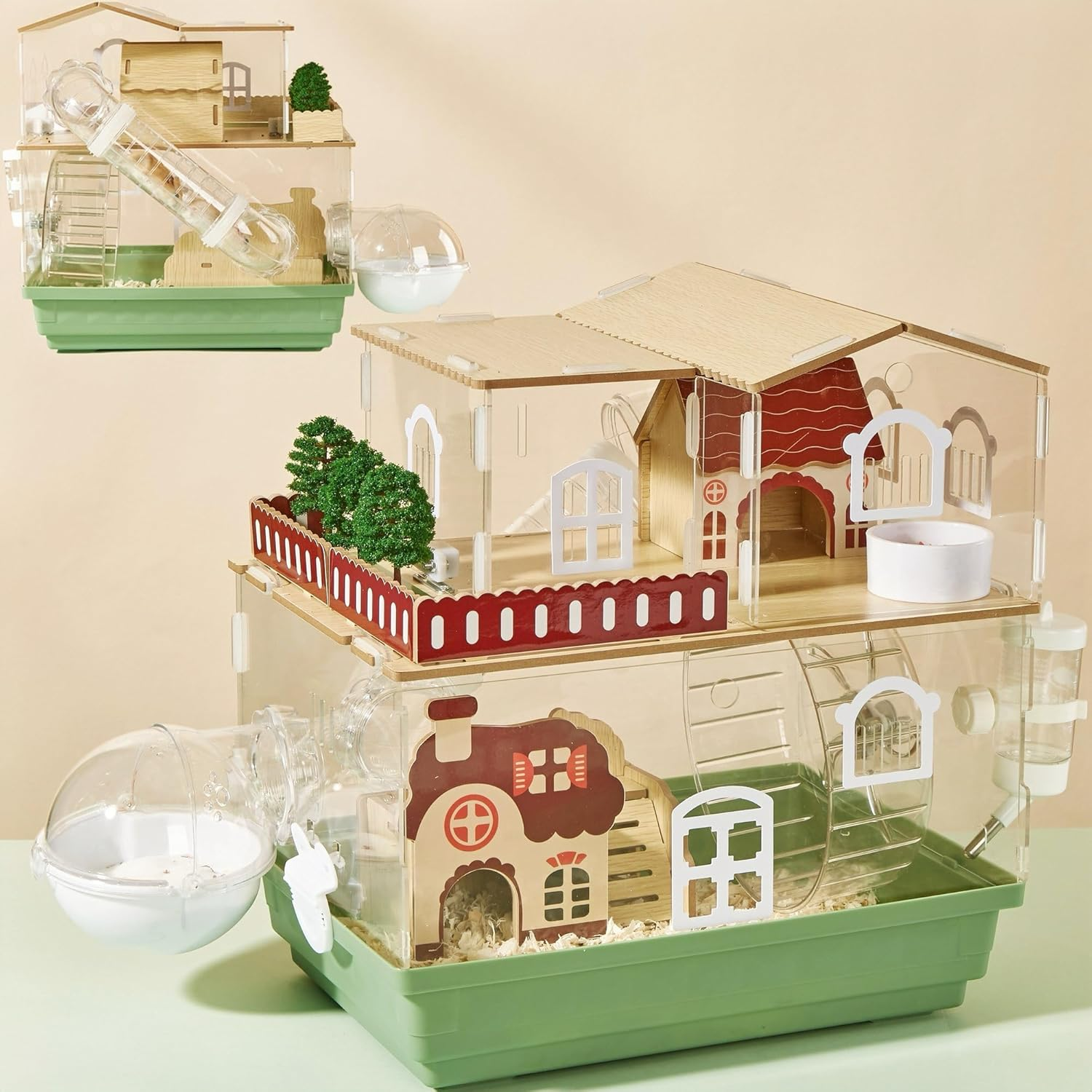 Acrylic Hamster Cage with Accessories, 34Cm L X 25Cm W X 38Cm H, 12-In-1 Clear Garden Style Mouse Enclosure (2-Layer) image number 3