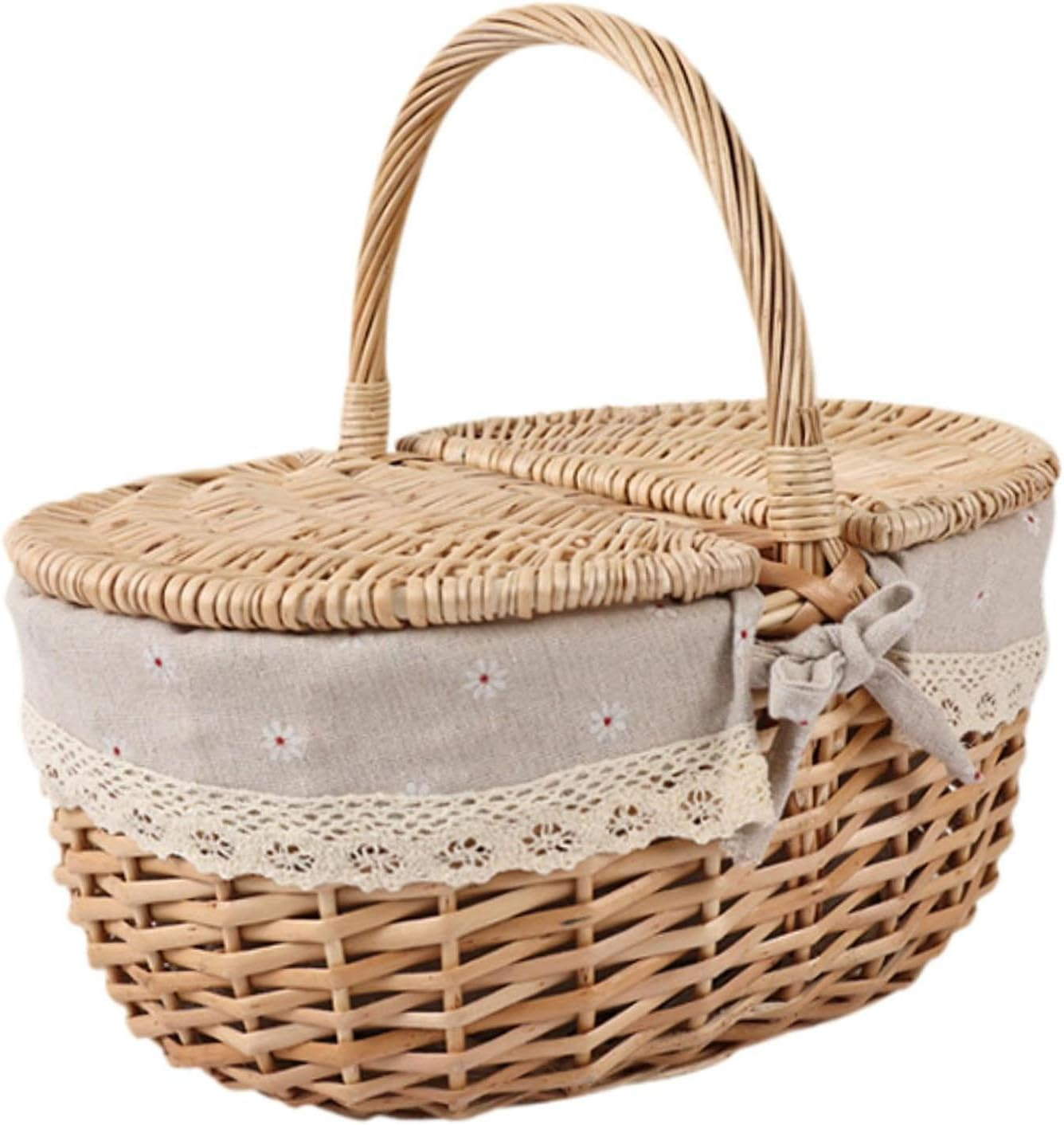 Wicker Picnic Basket, Rattan Storage, Serving Basket with Lid and Handle, Wicker, Woven Basket for Park Parties, Red White, Small