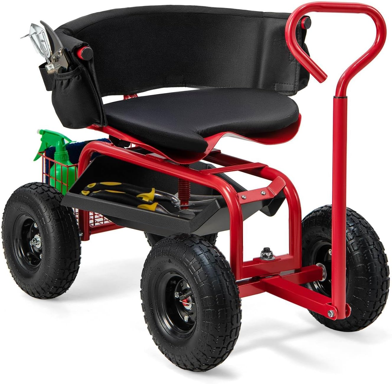 Costway Rolling Garden Cart Scooter, Outdoor Heavy-Duty Gardening Cart W/ 26Cm Tires, Swivel Seat, Extendable Handle, Yard Steerable Tool Cart Scooter W/Tray, Storage Basket, Tool Pouch, Seat Cushion