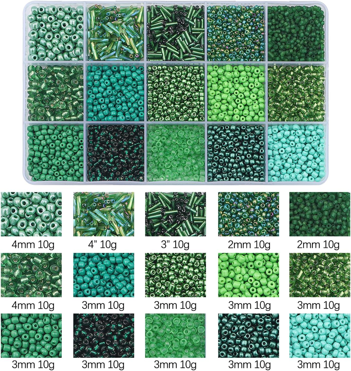 Mix 15 Color Glass Seed Beads .Glass Bugle,Beads Loose Kit for Jewelry Making,Diy Craft Beading, (Green) - Black image number 6