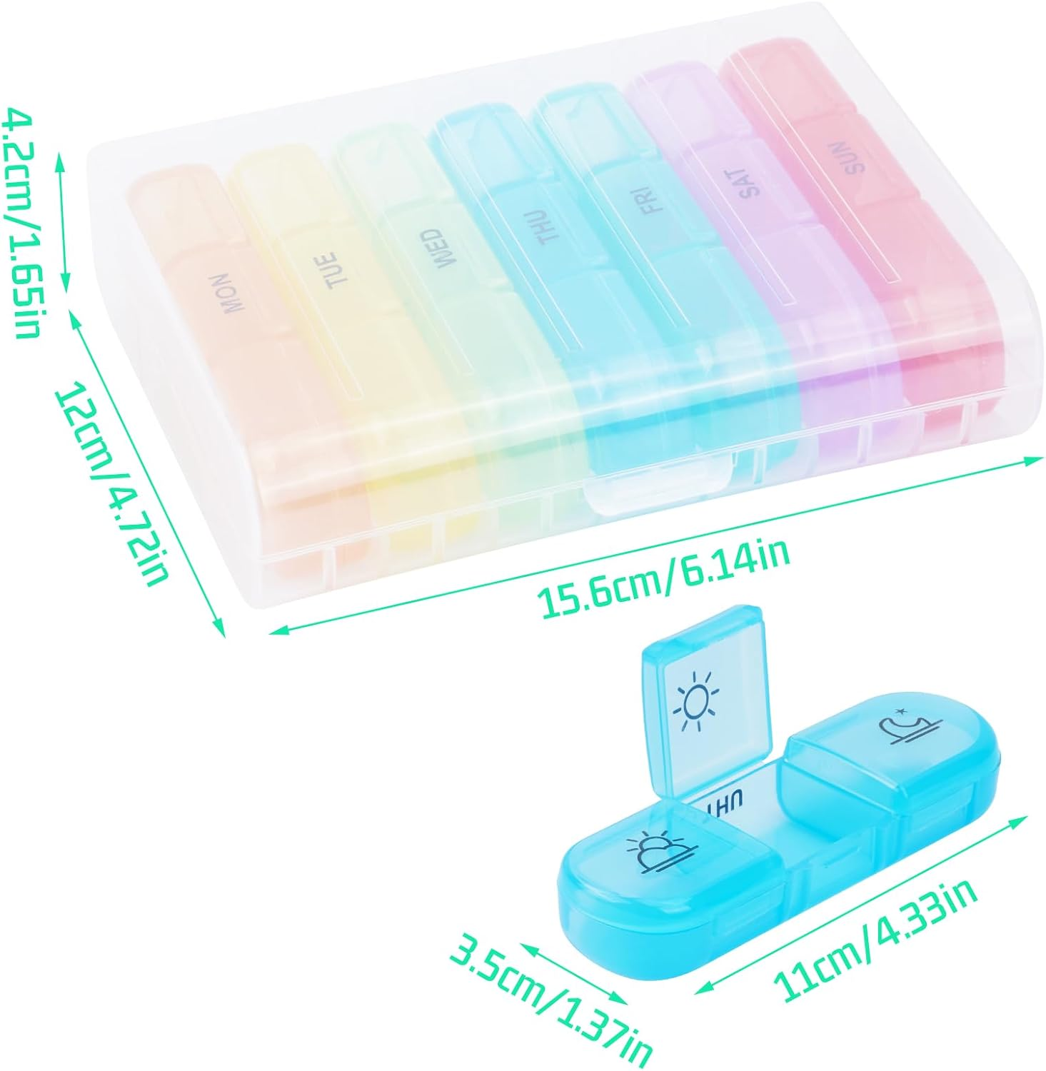 Travel Pill Organiser 7 Day 3 Times, Weekly Pill Box Organiser with Large Compartment, Daily Medicine Storage Box for Medication, Vitamin, Supplement and Fish Oil Supplements (Rainbow)