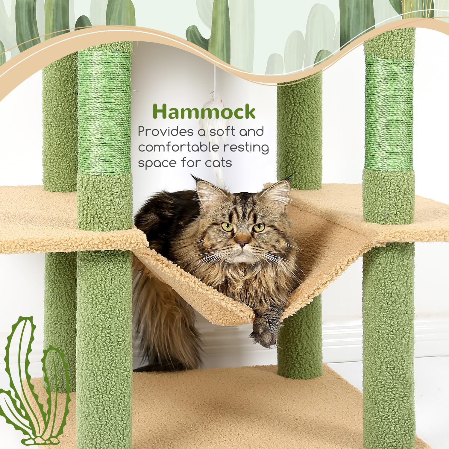 Globlazer F76 Cactus Cat Tree Tower 76-Inch Extra Tall Multi-Level Cat Furniture with Cozy Condos,Interactive Toys and Perches for Large Cats, Perfect for Climbing, Scratching, and Play, Green image number 2