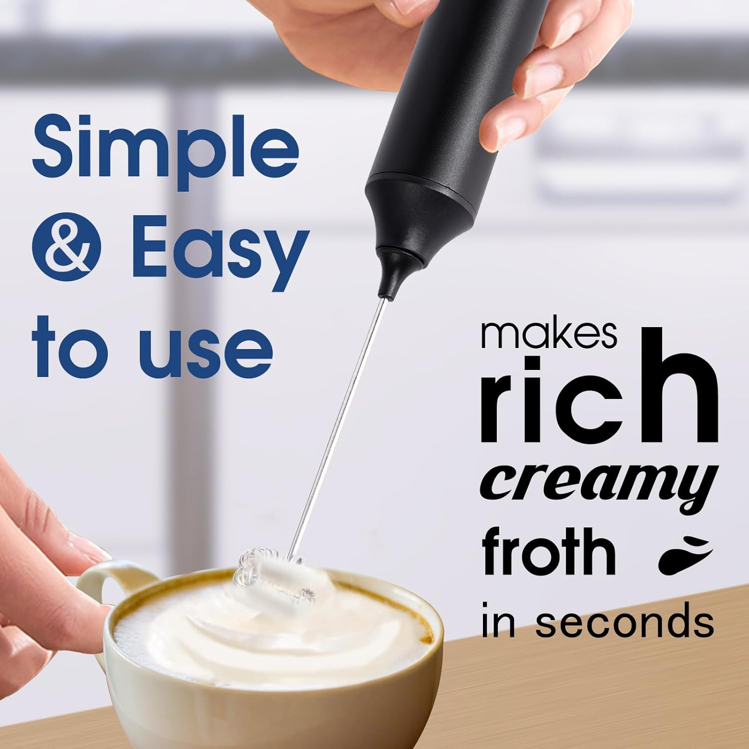 Bournehouse Rechargeable Milk Frother USB Charging Handheld Foam Maker with Stainless Balloon Whisk for Cappuccino, Latte, Bulletproof Coffee, Keto Diet, Protein Powder (Black without Metal Stand)
