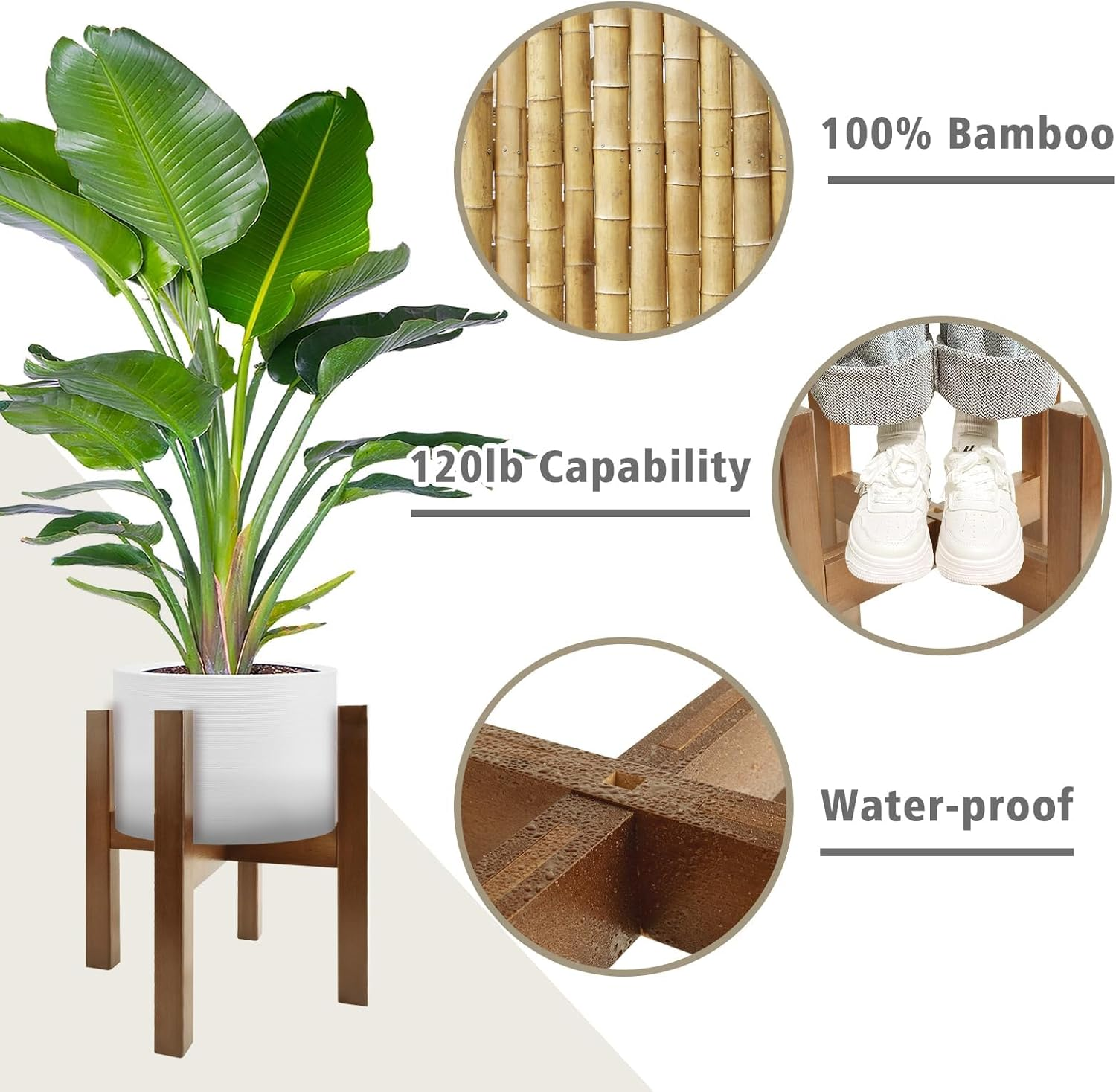 Natural Bamboo Plant Stand Indoor, Adjustable Plant Shelf Indoor Fits 8-12 Inch Pots, Mid Century Modern Decor to Refresh Your Space(Pot & Plant Not Included) image number 1