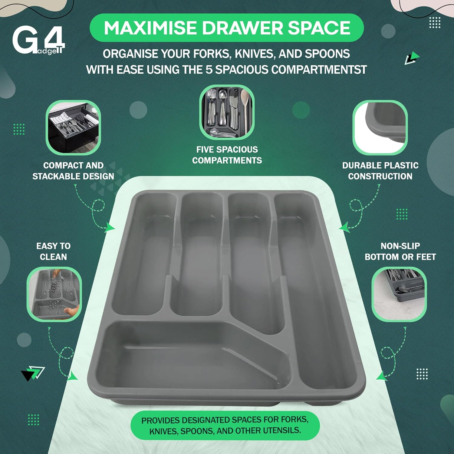 G4GADGET 5 Compartment Cutlery Tray Drawer Organiser, Random Colour, Durable Plastic, Non-Slip Utensil Holder for Kitchen Organisation image number 1
