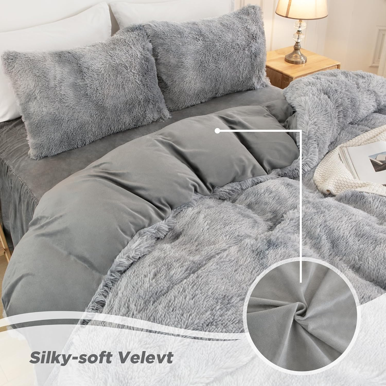 Annadaif Plush Shaggy Duvet Cover, Tie Dye Gray White Fluffy Comforter Cover Set Queen Size, Fuzzy Faux Fur Bedding Set with Zipper Closure, Luxury Ultra Soft 3 Pieces (1 Duvet Cover, 2 Pillowcases) image number 5