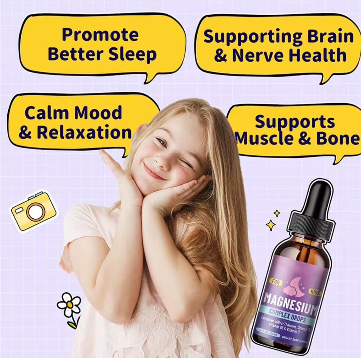 Kids Magnesium Glycinate Liquid Drops with L-Theanine, Omega-3, Vitamin B6 & Vitamin D3, Strawberry Flavour Calm & Wellness Support, Easy Dropper Liquid Supplement for Children, 60 Ml (2 Fl Oz) image number 2