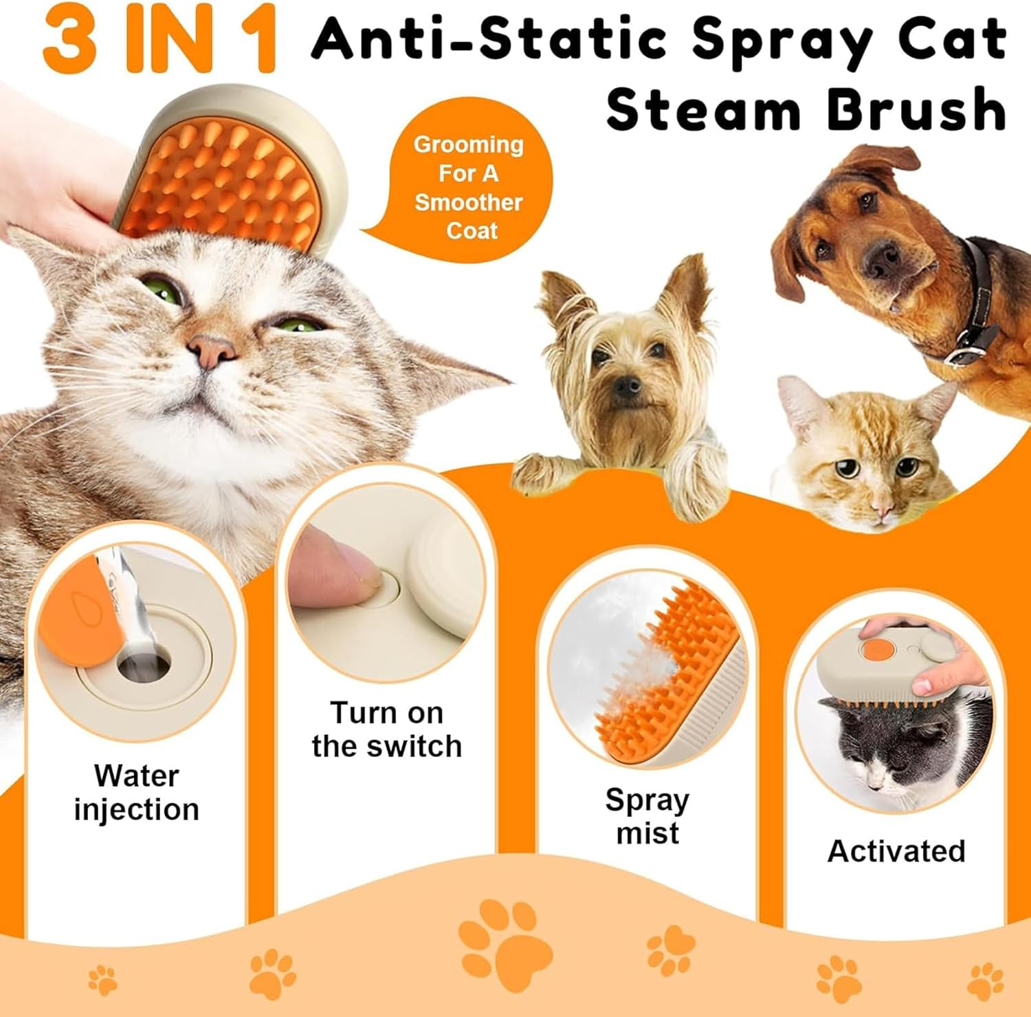 Steam Cat Brush, Pet Hair Removal Comb with Water Tank, 3-In-1 Steam Brush for Cats, Cat Care Brush, Pet Hair Removal Comb for Cats and Dogs (Khaki Colour) image number 4