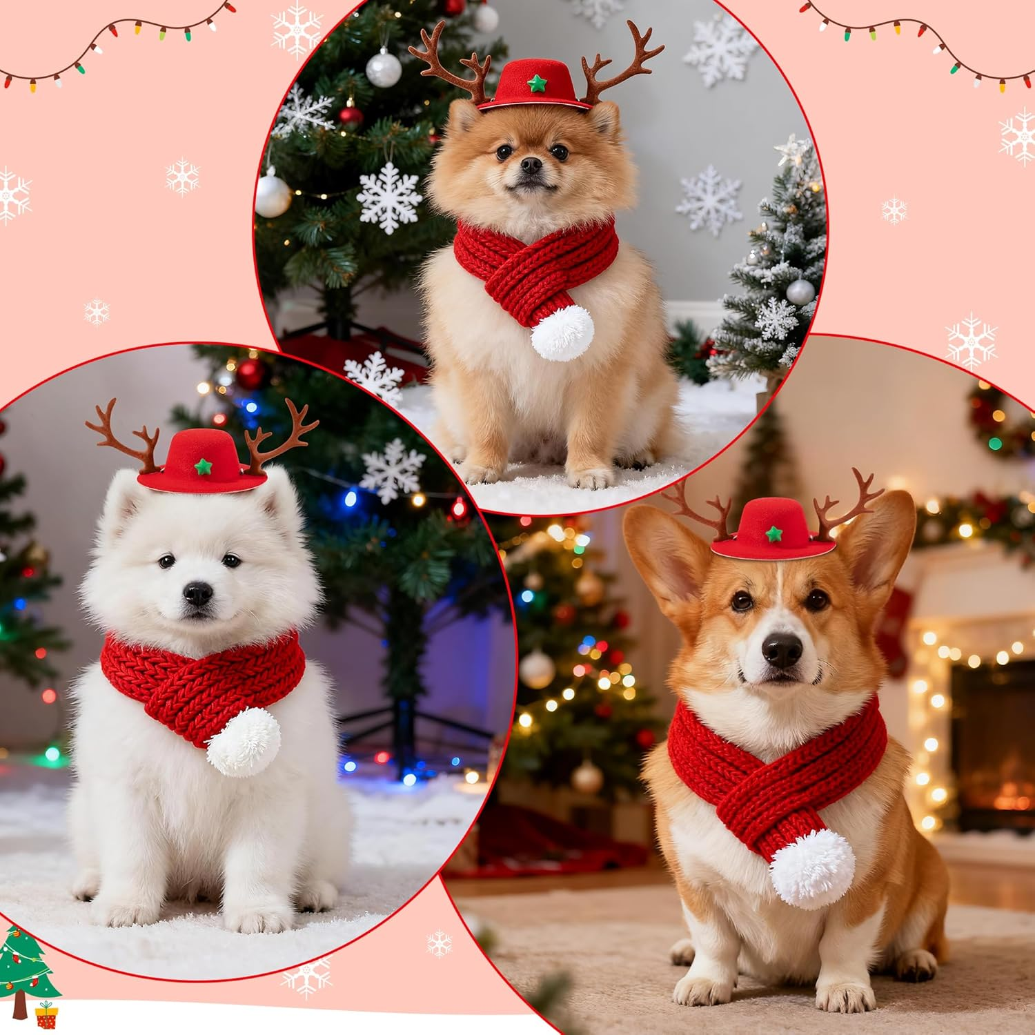 Gwaoery Dog Christmas Costumes, Pet Reindeer Hat and Scarf Christmas Outfit Small Dogs Cats Clothes Puppy New Year Party Supplies Adjustable Headdress Apparel for Winter Warm Holiday (Red M) image number 4