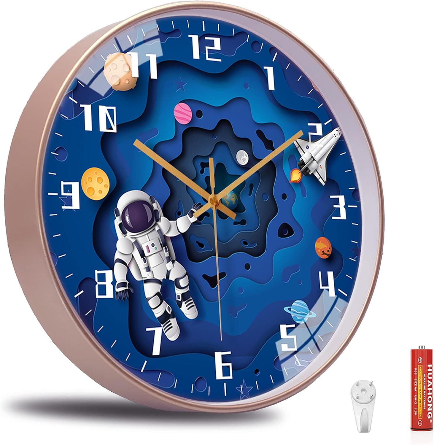 QINFIEY 12 Inch Silent Movement Kids Wall Clock, Non Ticking Children round Wall Clock Battery Operated Space Travel Style Decor Children Clock for Home School Boys Bedroom Living Room (Blue) - Pink image number 5