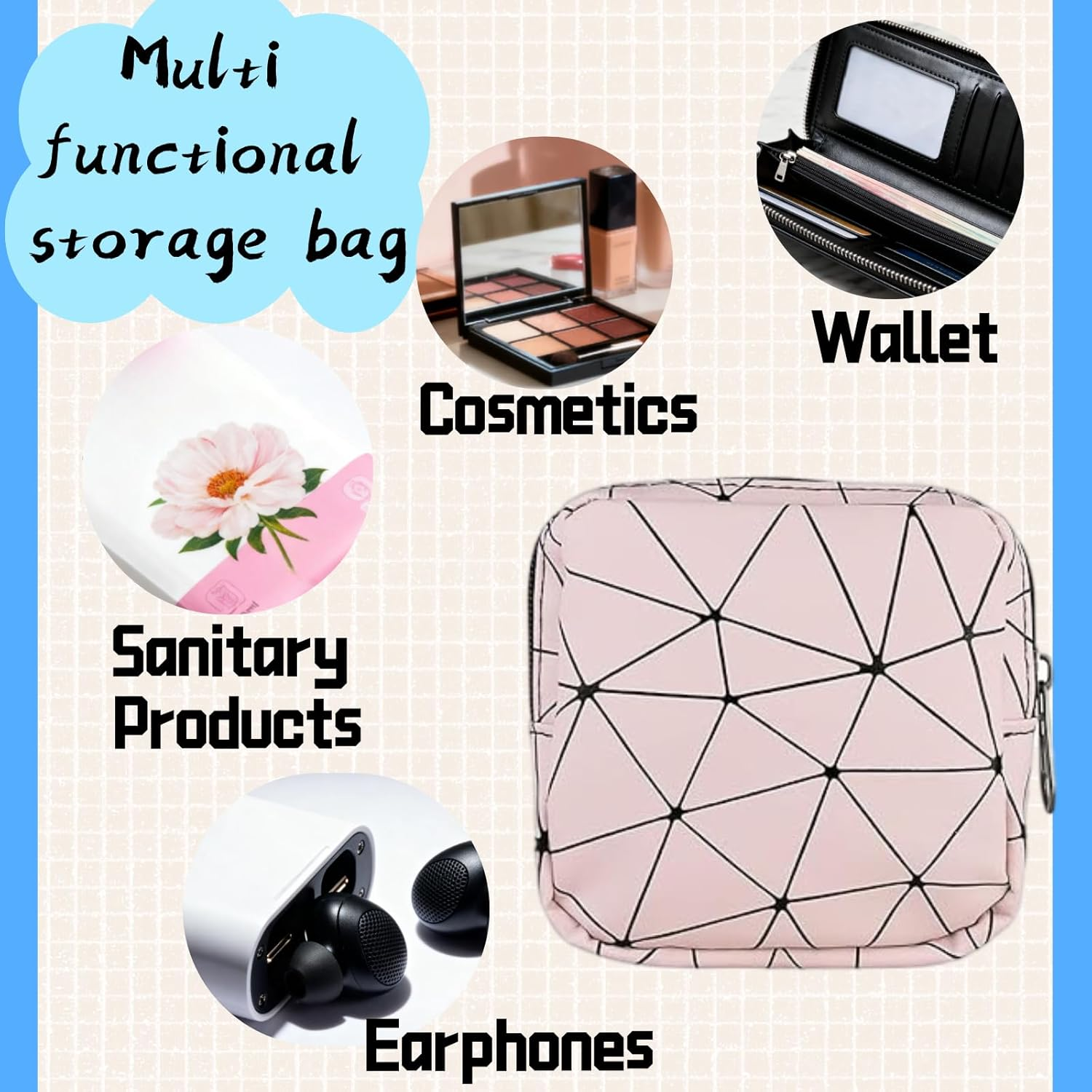 Abeillo 2PCS Reusable Waterproof Sanitary Napkin Storage Bag,Small Tampon Holder Bag，For Keys, Headphones, Change,Purse,For Tampons/Pads/Menstrual Cup Feminine Care for Teen Girls(Pink&Black) image number 4