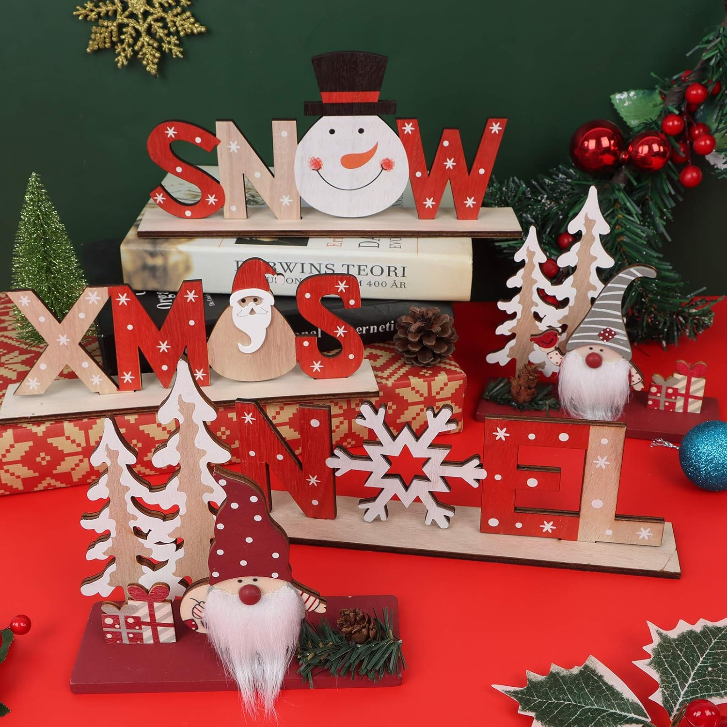 Set of 5 Christmas Table Decorations for Dinner Party Xmas Desktop, Wooden Display Santa Snowman Noel for Home Restaurant Cafe Table Decoration Merry Christmas Holidays Centrepiece image number 2