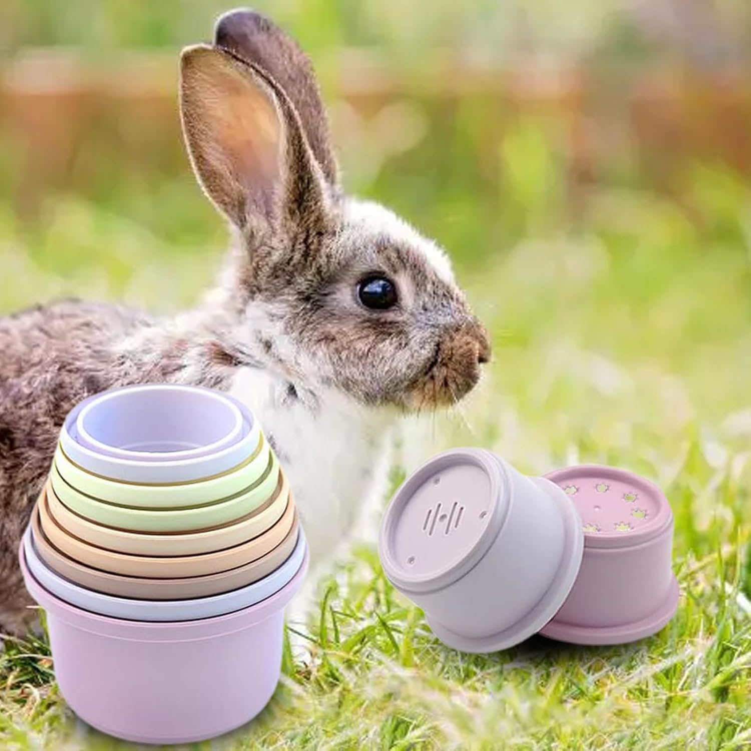 8Pieces Stacking Cups, Rabbit Play Stacking Cups, Multicolored Nesting Treat Toys, Enrichment Toys for Bunny Small Animals Hiding Food and Playing image number 2