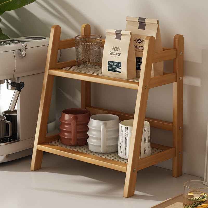 Wicker Look Coffee Station Organizer, Bamboo Mug Holder Countertop, Kitchen Counter Shelf for Tea Coffee Bar Accessories, Matcha Stand, Cup Display, Condiment Storage Rack, 2 Tier - Wooden Color image number 2