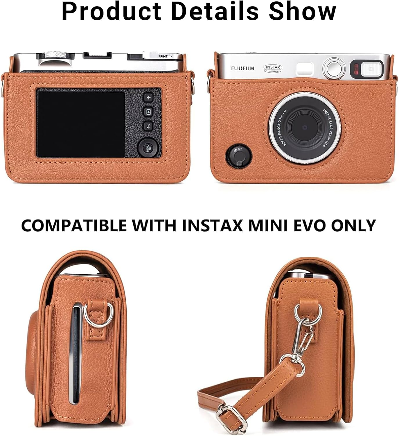 JOWILIN Case for Fuji Instax Mini EVO, Vintage Camera Case with Adjustable and Detachable Shoulder Strap, Mini Lychee Texture Leather Bag with Magnetic Flip Cover for Fujifilm Instax EVO (Brown) image number 2