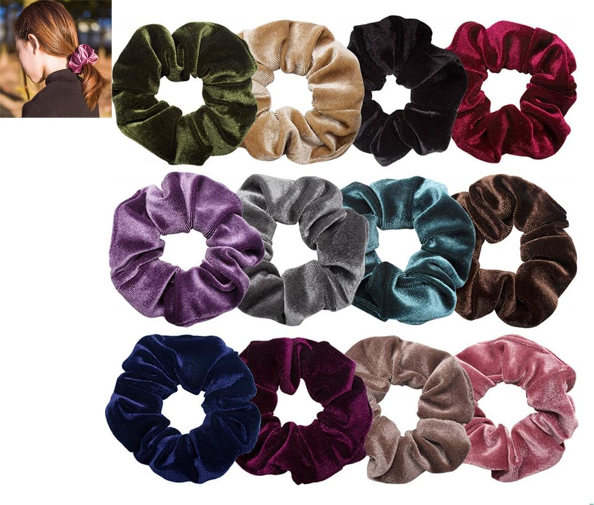12 Pcs Soft Hair Scrunchy Bobbles Elastic Hair Bands Ties Donut Hair Accessories for Women Ponytail Holder Velvet Vintage Scrunchies (12 Colors)