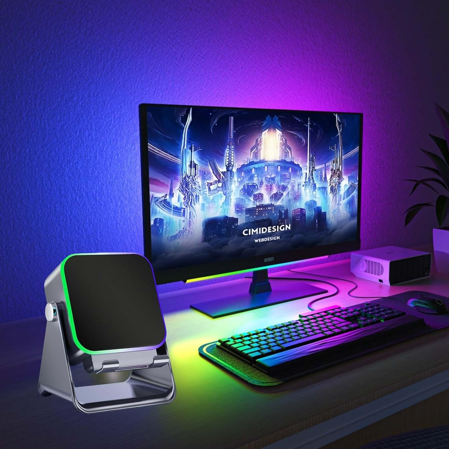 TKTCO 5-In-1 Wireless Induction Bluetooth Speaker with Adjustable Phone Stand with 8 RGB Ambient Light, Universal for Phone/Pad - Home/Office Leisure Audio Player (White) - White image number 1