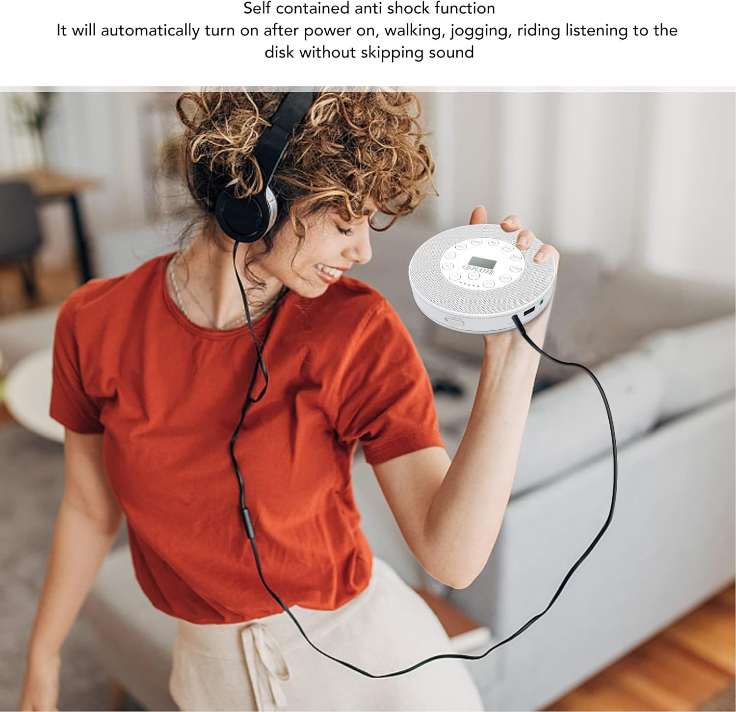 CD Player Portable, 1500Mah Rechargeable CD Player with Charging Cable and Sound Cable, Compact anti Skip Shockproof CD Player for CD CD RW MP3 (White without BT) image number 2