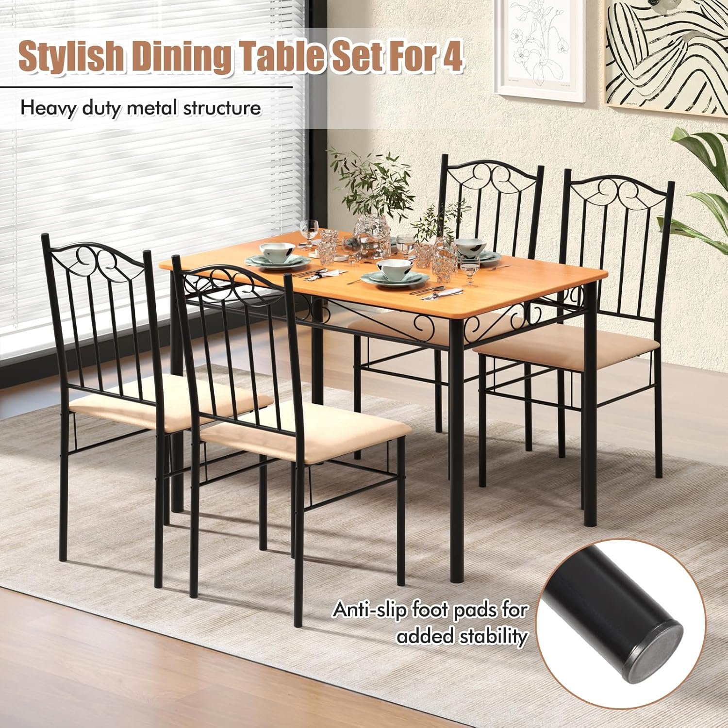 Giantex 5-Piece Dining Set, Modern Rectangular Dining Table & Upholstered Chair, Space-Saving Dinette Set for Dinner, Restaurant, Kitchen Dining Room Furniture for 4, Orange image number 2