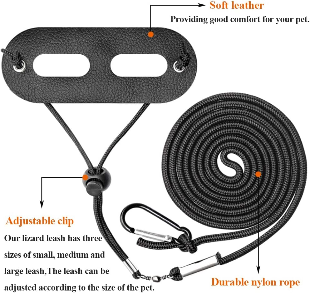 ASOCEA 3 Pcs Adjustable Bearded Dragon Lizard Harness and Leash Reptile Soft Leather Outdoor Nylon Rope Lead for Amphibians Lizard Chameleon Baby Iguana and Other Small Pet Animals(S,M,L)