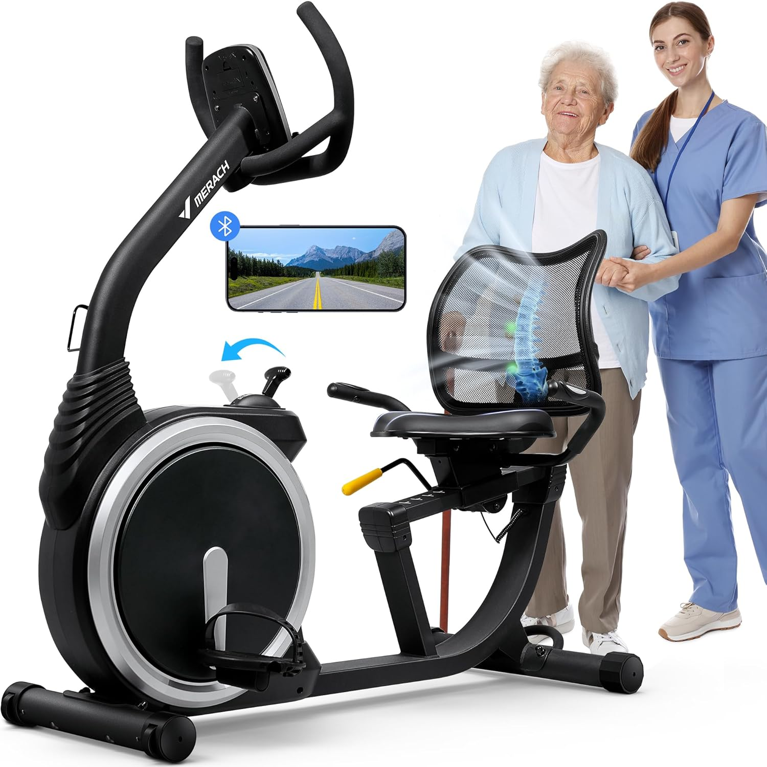 MERACH Recumbent Exercise Bike for Home, Spin Bike Stationary Bike with Smart Bluetooth and Exclusive App Connectivity Stepper, LCD, Heart Rate Handle,Elliptical Cross Trainer Magnetic Recumbent Bikes