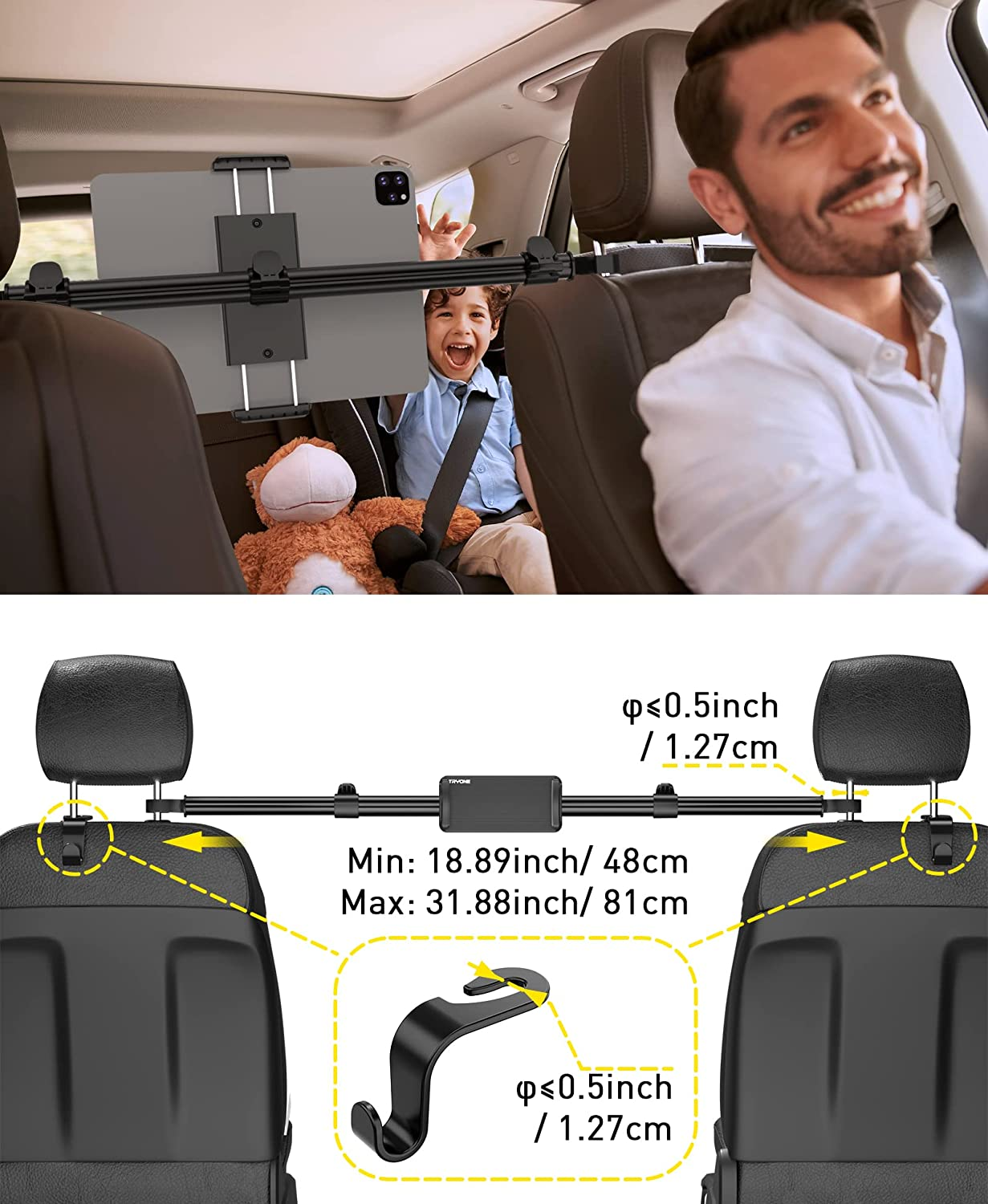 Car Tablet Holder Mount for Ipad: Tryone Headrest Tablet Stand for Car Back Seat Compatible with Ipad Pro Air Mini | Galaxy Tab | Kindle Fire HD | Switch Lite or Other 4.7-12.9" Devices image number 4