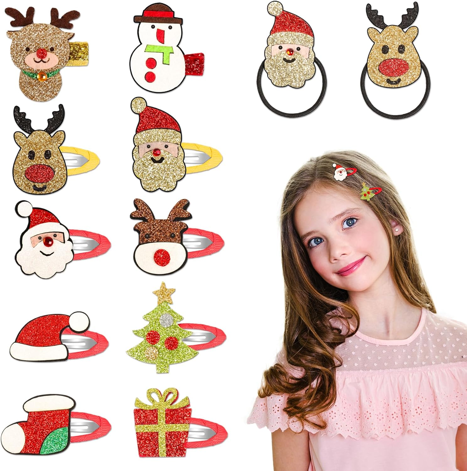 Pack of 12 Hair Clips Christmas Children Glitter Christmas Hair Accessories Cartoon Santa Reindeer Hair Scrunchie Girls Hair Clips for Christmas Party Decoration and Gifts Hair Pins image number 4