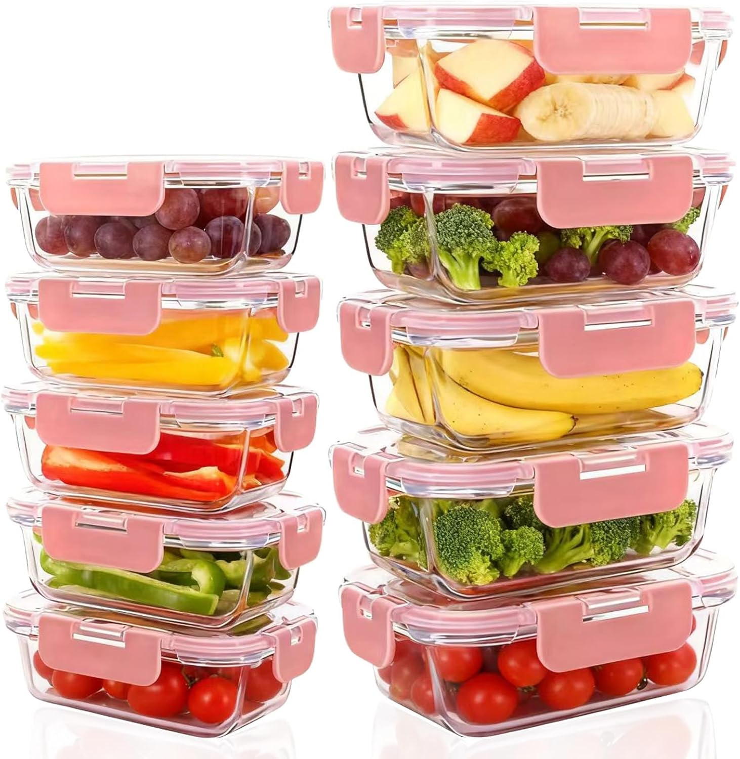 Anowker 10 Pack Glass Food Storage Containers with Snap Lock Leakproof Lids，Lunch Box Glass Meal Prep Container for Kitchen Storage image number 2
