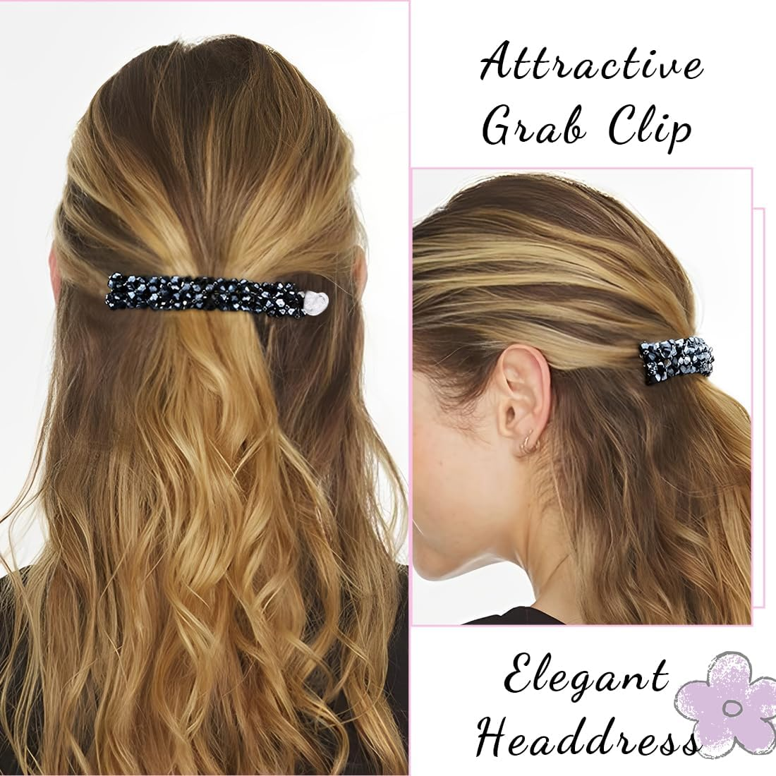 Pack of 2 Banana Clips, Rhinestone Beads Banana Hair Clips, Vintage Fishtail Hair Clip, Non-Slip Ponytail Holder Clip for Women, for Thick Fine Hair (Black + Champagne) image number 4