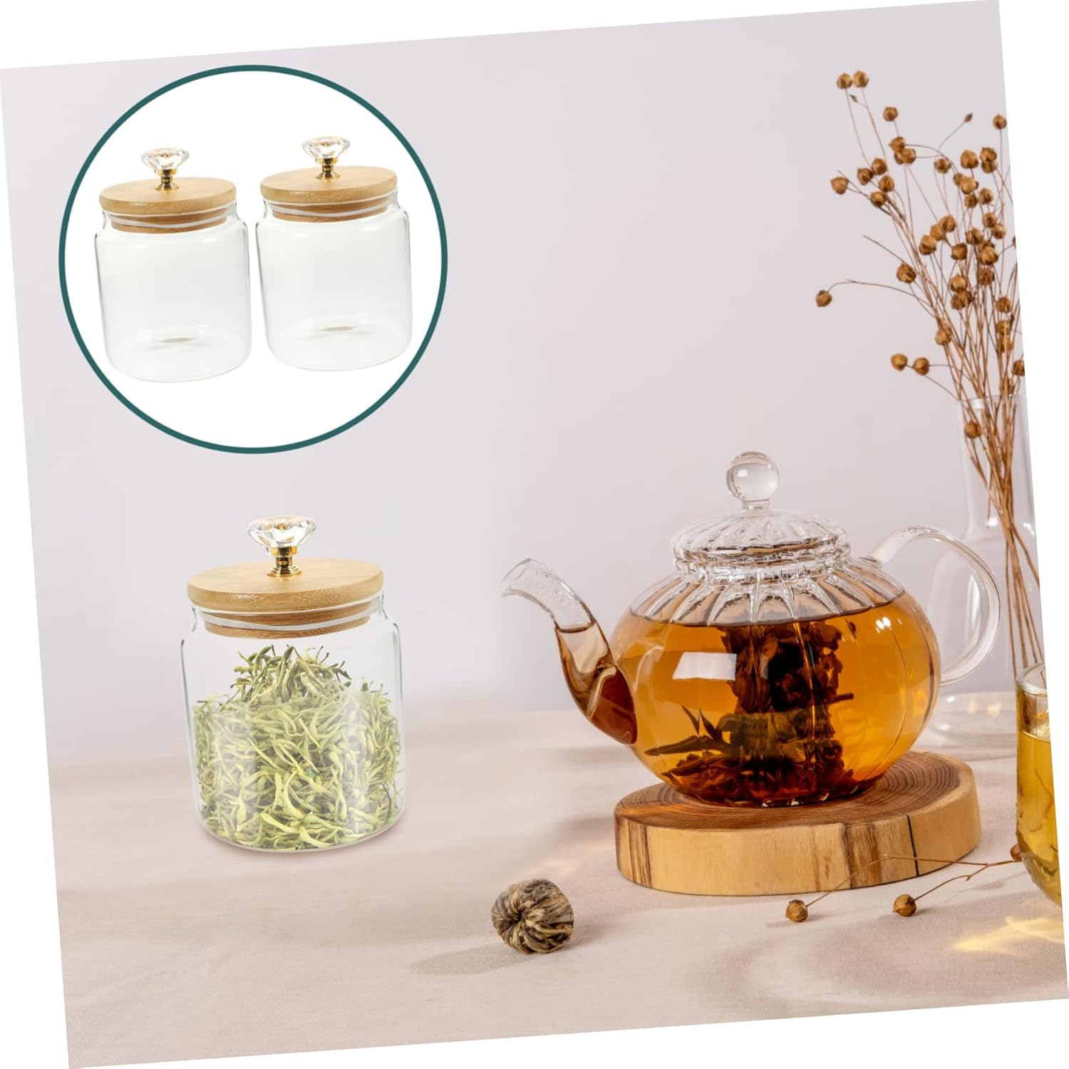 GRIRIW 2Pcs Glass Tea Jar Loose Tea Canister Lid Dried Fruit Storage Canisters for Kitchen Home Organizing image number 5