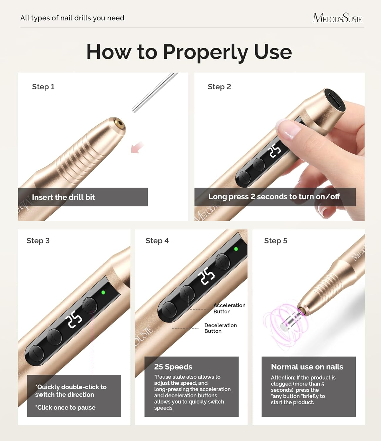 Melodysusie Electric Nail Drill,Cordless Nail File for Acrylic Gel Nails,Pc180G 25,000RPM Professional Portable Nail Drill Efile Manicure Pedicure Polishing Tool with Nail Drill Bits,Sanding Bands - Gold image number 5