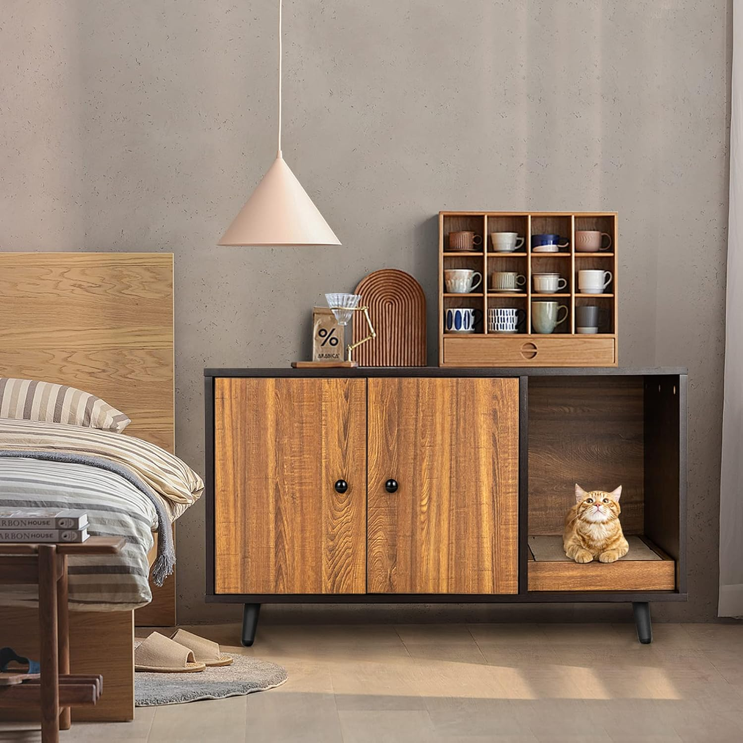 Costway Wooden Cat Litter Box Enclosure Bench, Hidden Cat Box Cabinet Furniture W/Doors, Removable Scratch Box, Water & Scratch-Proof, Walnut Cat Washroom House End Table for Indoor image number 2