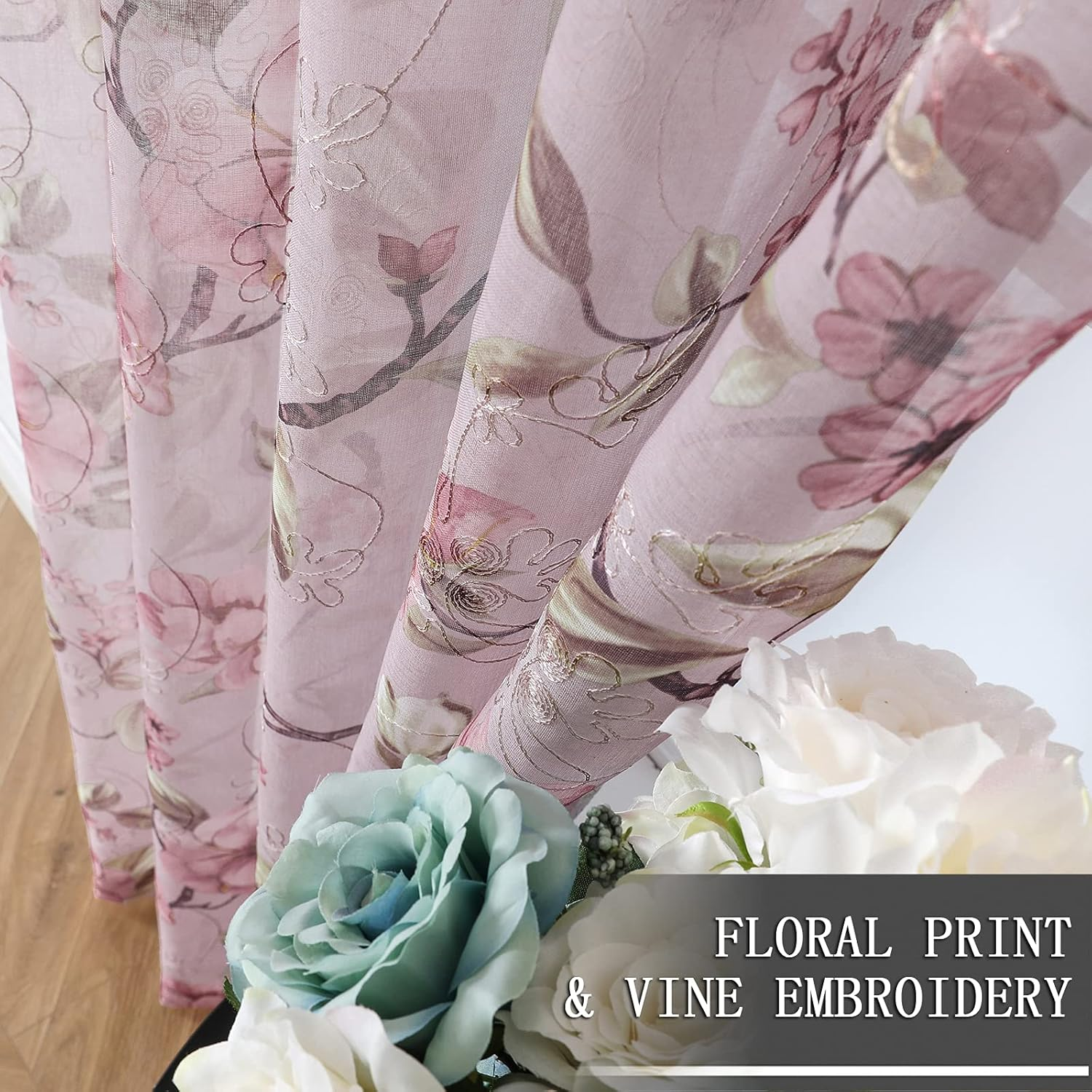 Tollpiz Sheer Curtain Pink Flower Leaf Printed Floral Embroidered Bedroom Curtains Sheer Rod Pocket Voile Faux Linen Short Window Curtain for Living Room, 54 X 45 Inches Long, Set of 2 Panels image number 5
