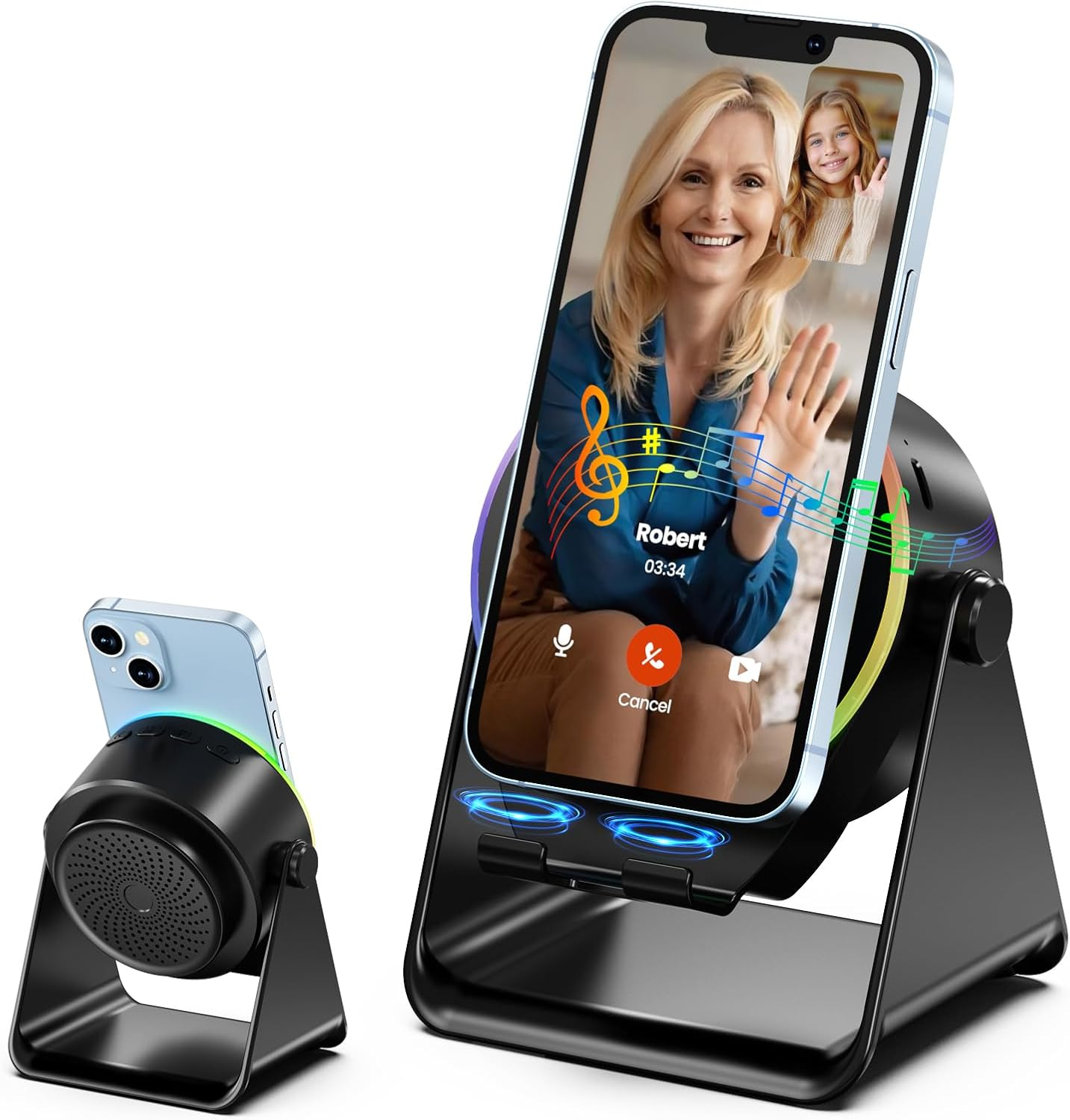 Wireless Induction Speaker, Cell Phone Stand with Bluetooth Speaker, Stereo Sound, RGB Ambient Light, Phone Holder Compatible with Iphone/Ipad/Android/Samsung Galaxy (Pink)