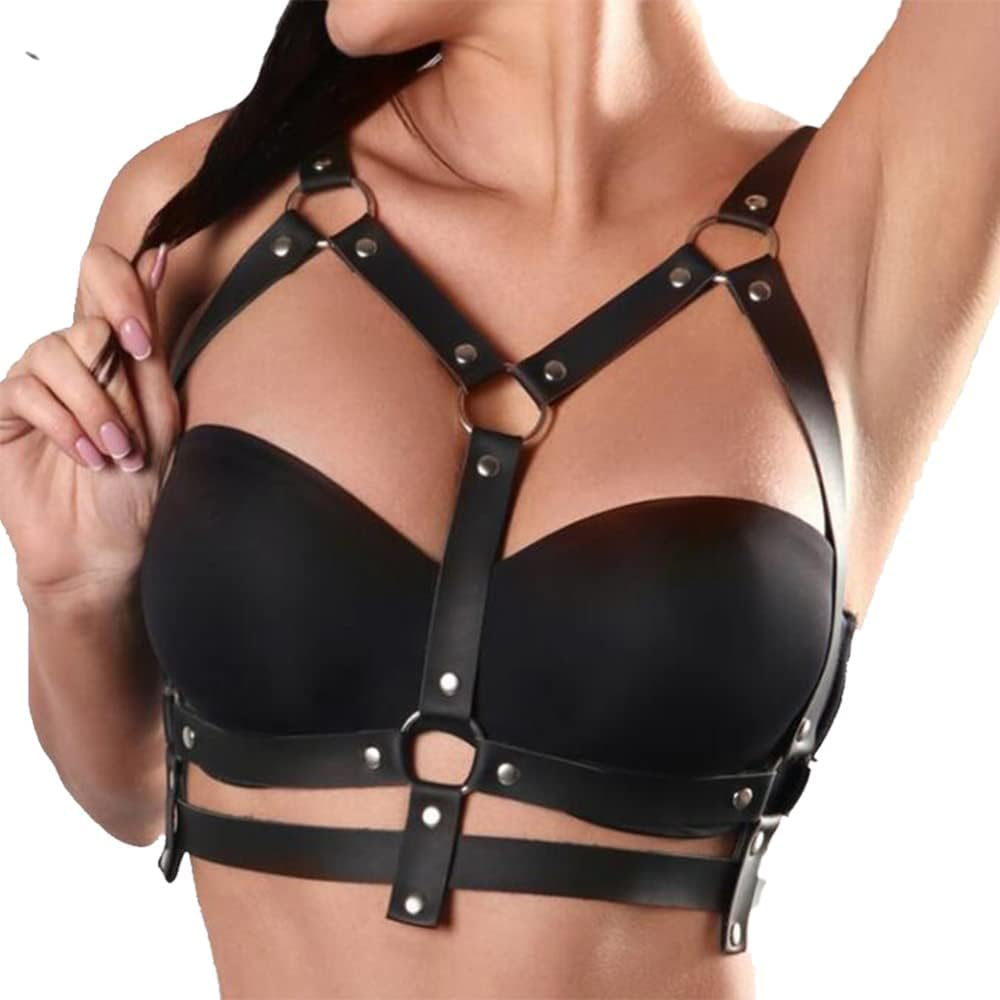 Wiwpar Punk Black Leather Chest Harness Body Waist Chain Belt Rave Nightclub Sexy Belly Bra Jewelry Accessory for Women Girls image number 3