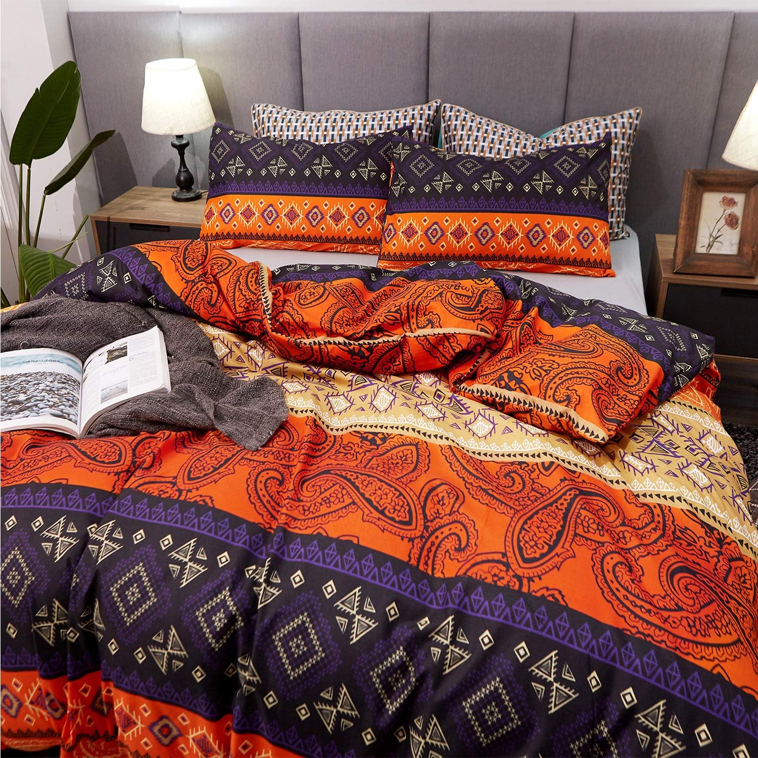LAMEJOR Duvet Cover Sets Queen Size Bohemia Exotic Pattern Vibrant Color Luxury Soft Bedding Set Comforter Cover(1 Duvet Cover+2 Pillowcases) Orange/Teal Purple