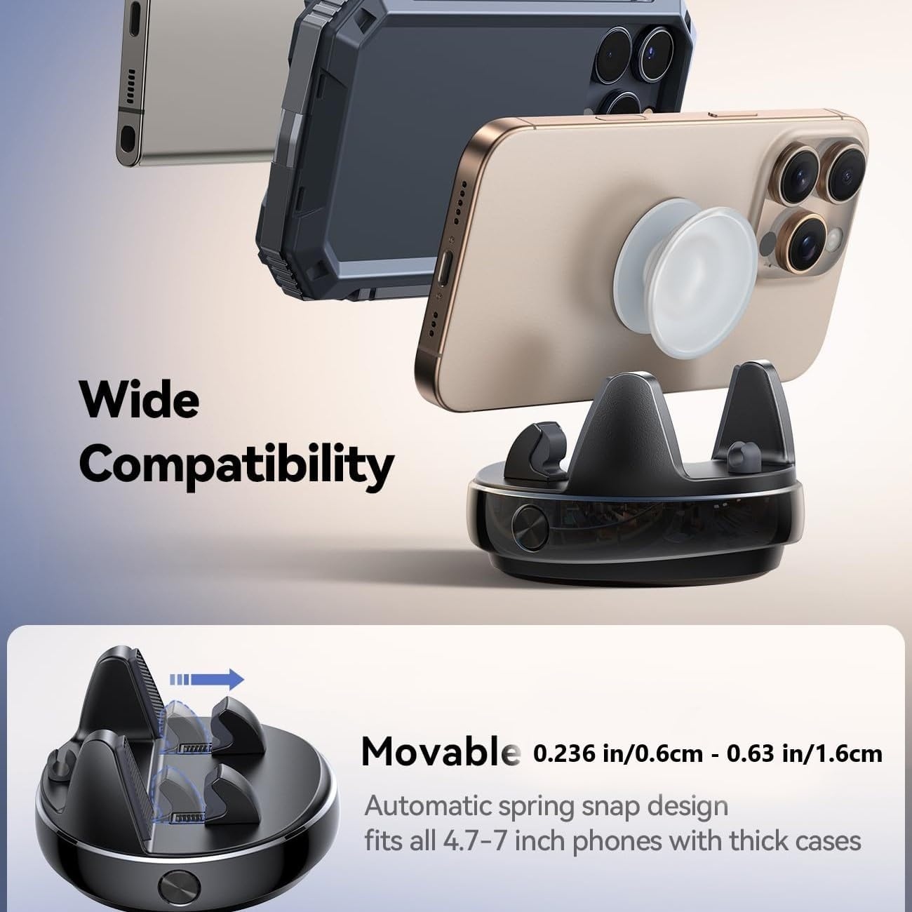 Car Phone Holder, 360&deg; Adjustable & Avoid Sun Glare Car Mount, Slip Free Spring Snap Design Dashboard Phone Holder, Phone Holders for Your Car Compatible with Smartphones, GPS Devices image number 4