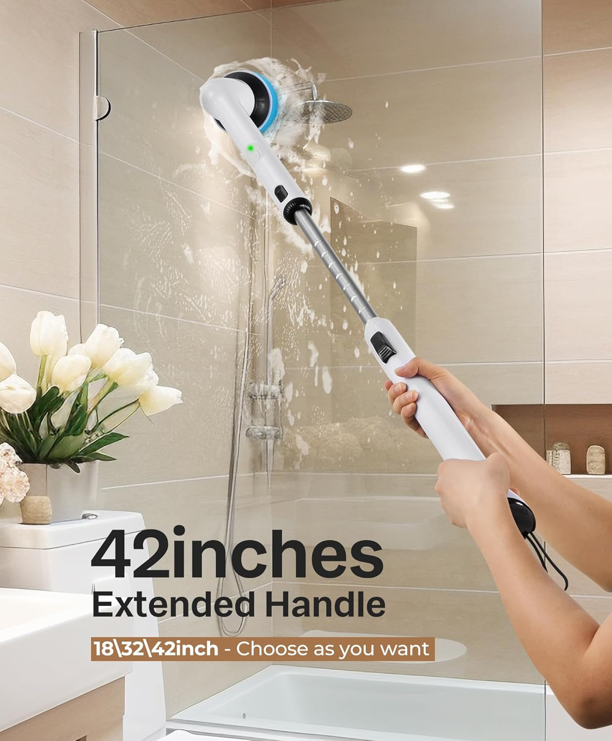 Lyrifine Electric Spin Scrubber, 2025 New Full-Body IPX7 Waterproof Bathroom Cleaner Brush, Shower Scrubber with Long Handle & 2 Speed, Heads Replacement, Cleaning Supplies for Tub Shower Tile Floor image number 2