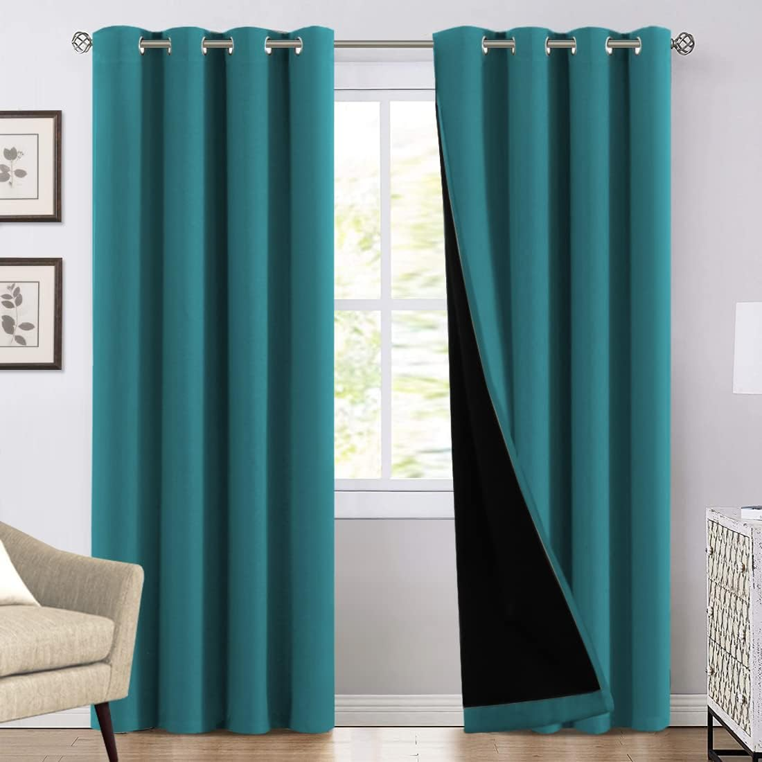 Princedeco Blackout Curtains Thermal Insulated & Warm Protecting,100% Light Blocking Grommet Window Drapes Eyelet Curtains for Bedroom & Living Room Set of 2 Panels W132Cm X D213Cm Turquoise Blue image number 6