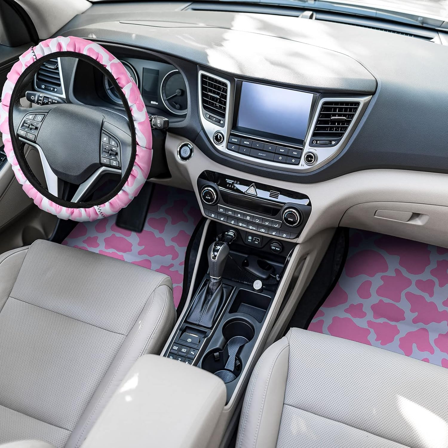Frienda 26 Pcs Pink Cow Print Car Accessories - Cow Pattern Seat Covers Full Set, Cute Steering Wheel Cover, Floor Mats, Center Console Pad, Cup Holders, Seat Belt Pads for Women Car Interior Decor image number 3