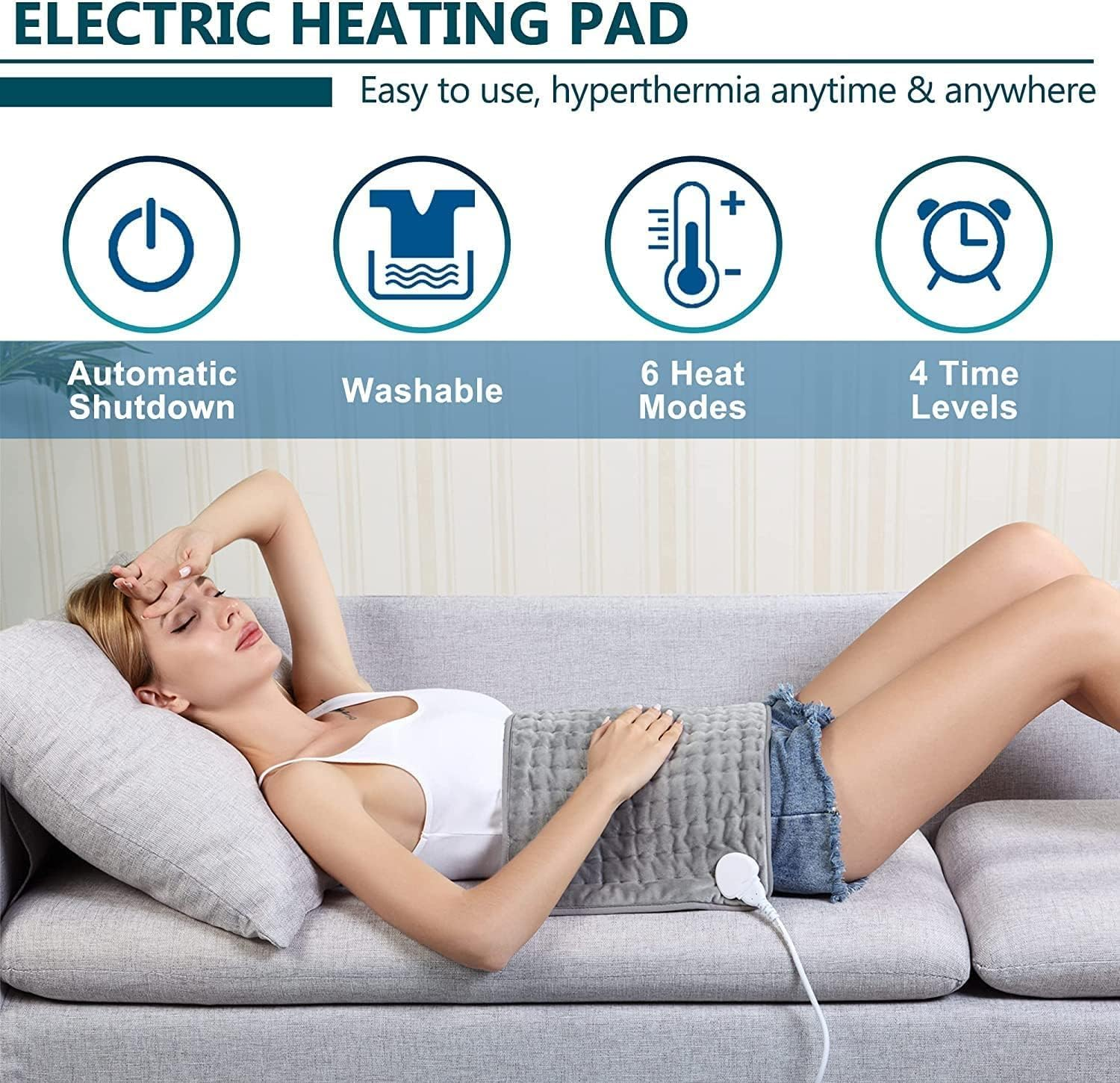 Heating Pad - Electric Heating Pads - Hot Heated Pad for Back Pain Muscle Pain Relieve - Dry & Moist Heat Option - Auto Shut off Function (Light Grey, 12''&times;24'') image number 4
