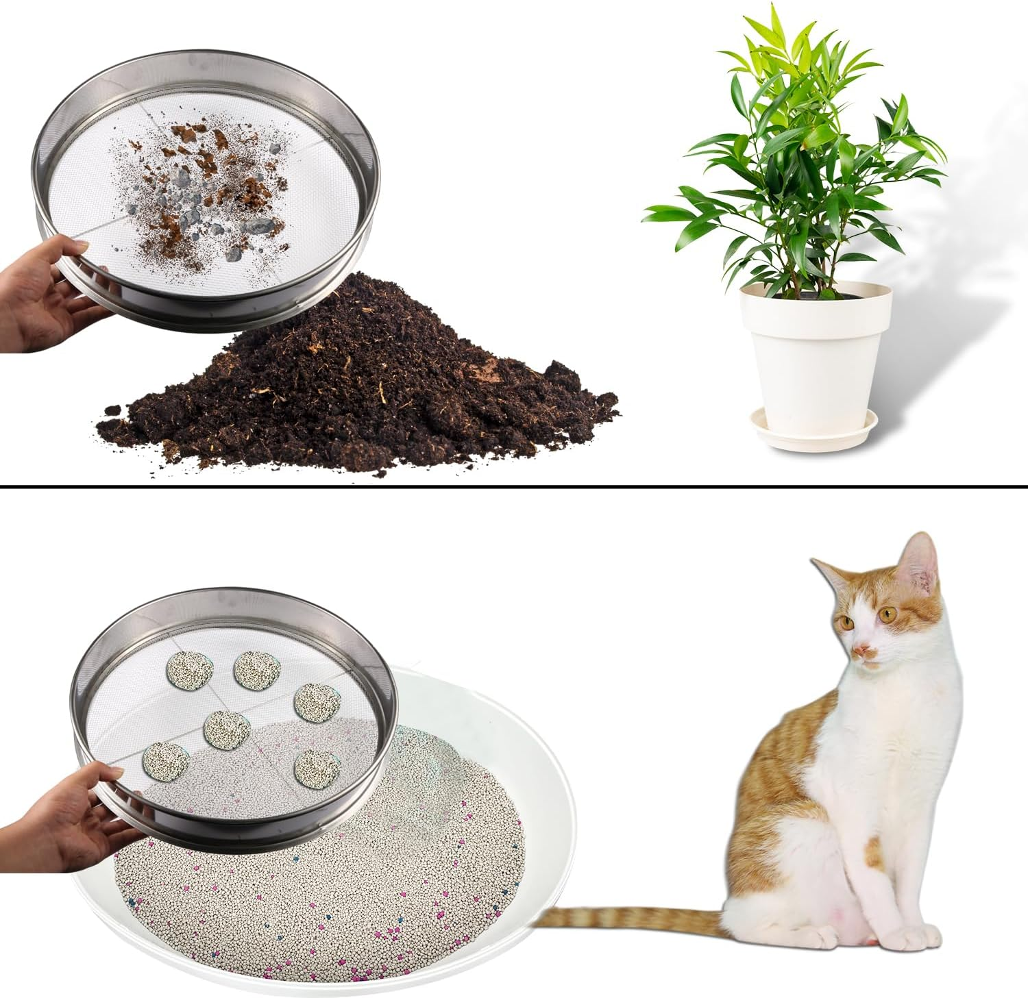 Soil Sifter Garden Sieve Set, 1Pc 30Cm/11.9In Stainless Steel Sifting Pan and 4Pcs 0.7/2/3/6Mm Mesh Sizes Garden Mesh Sieve Garden Soil Sieve Soil Filter Dirt Garden Sieve Soil Sifter image number 3