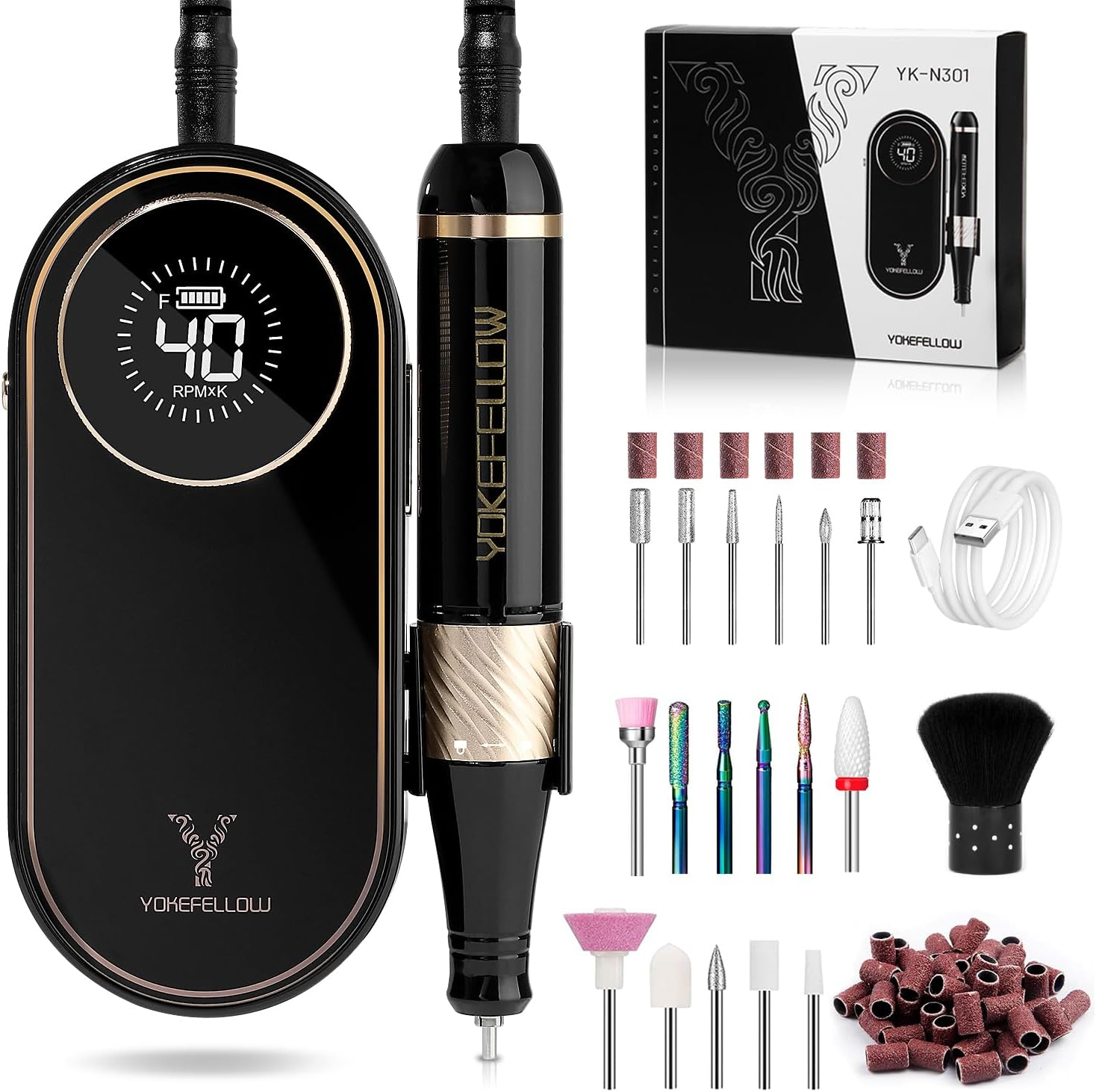 YOKE FELLOW Pngles Professional 40000RPM Portable Rechargeable Nail Drill with LCD Display and 12 Sanding Bits for Pedicure Manicure image number 5