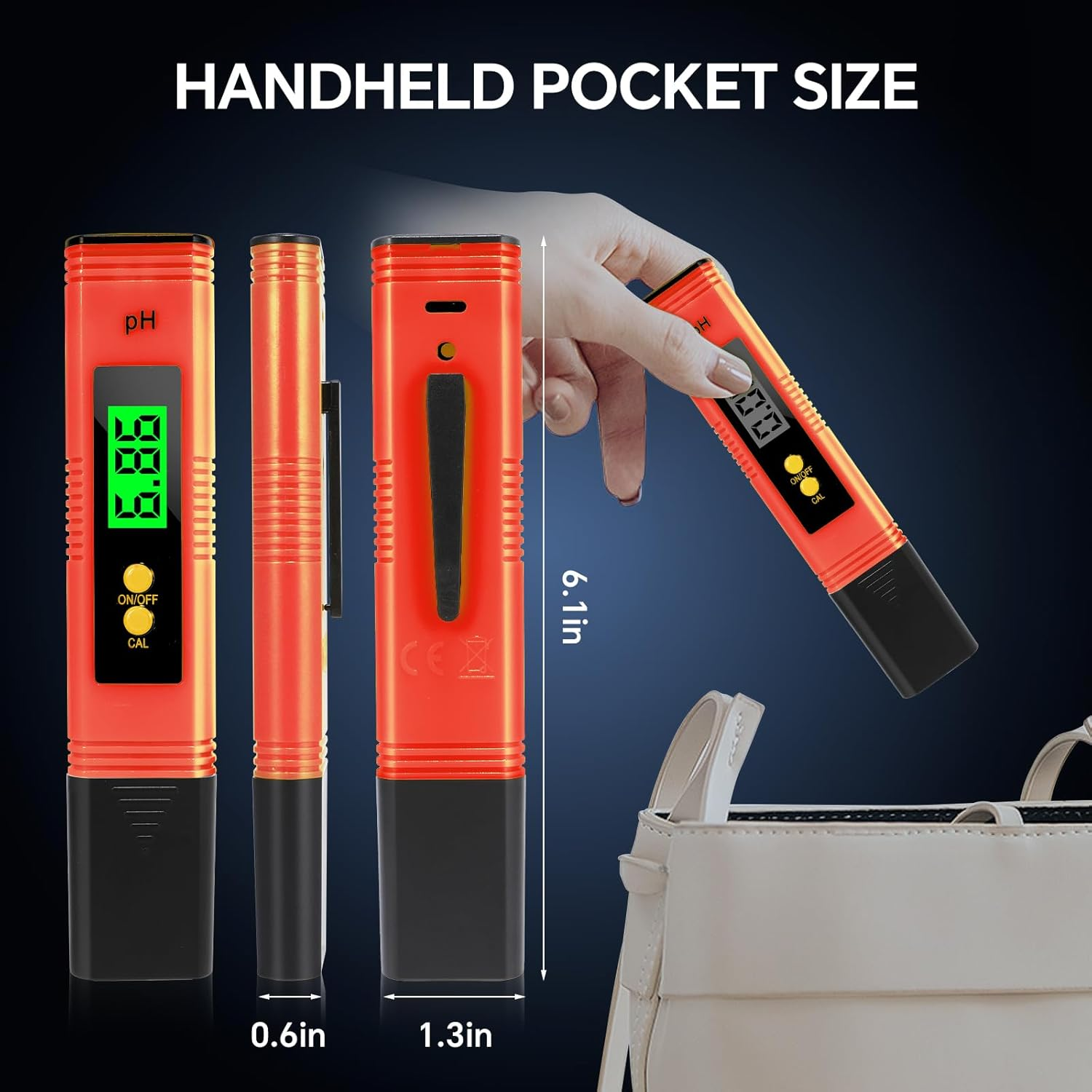 Digital Ph Meter, 0.01Ph High Accuracy Pen Type Ph Tester for Household Drinking with UL Certification and 3 Ph Calibration Powders (Orange) image number 5