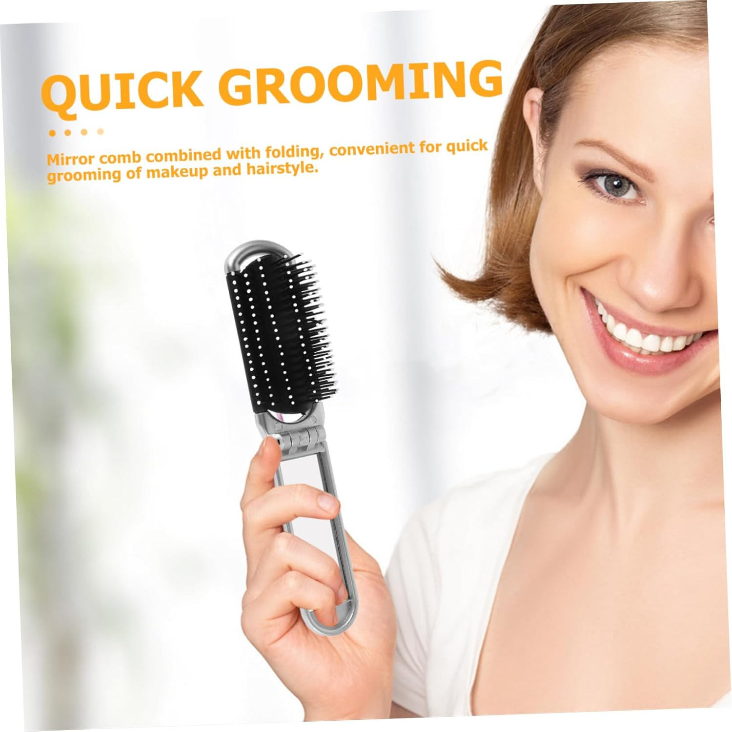 HEALEEP Portable Foldable Hair Brush with Mirror Travel Compact Detangling Comb for Go Touchups and Easy to Clean Silver Travel Hairbrush for Quick Makeup and Hair Styling