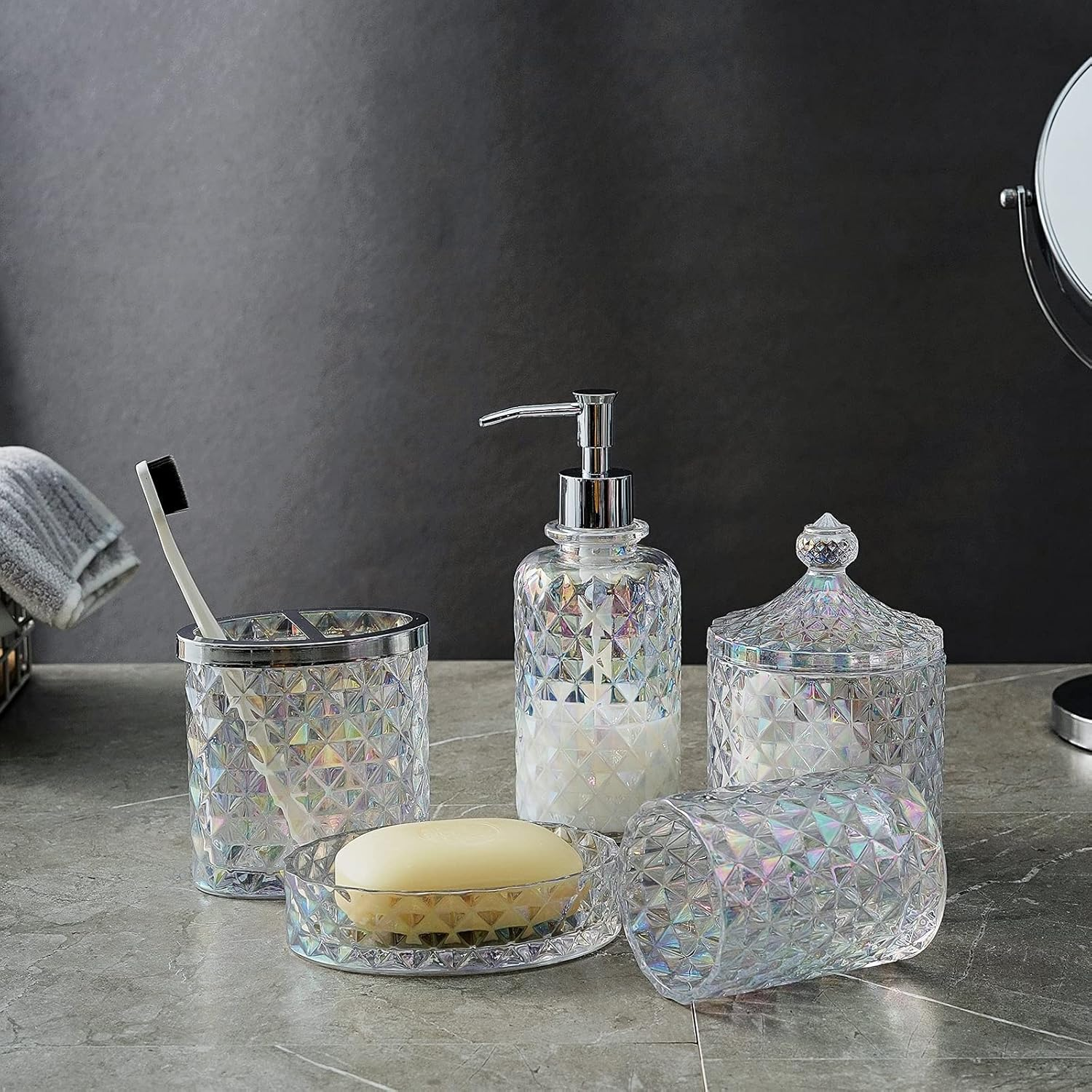 Set of 5 Glass Bathroom Accessories Set Include Soap Dispenser & Tumbler & Soap Dish & Toothbrush Holder & Apothecary Jar(Luxurious Crystal Sparkling Colored) image number 1