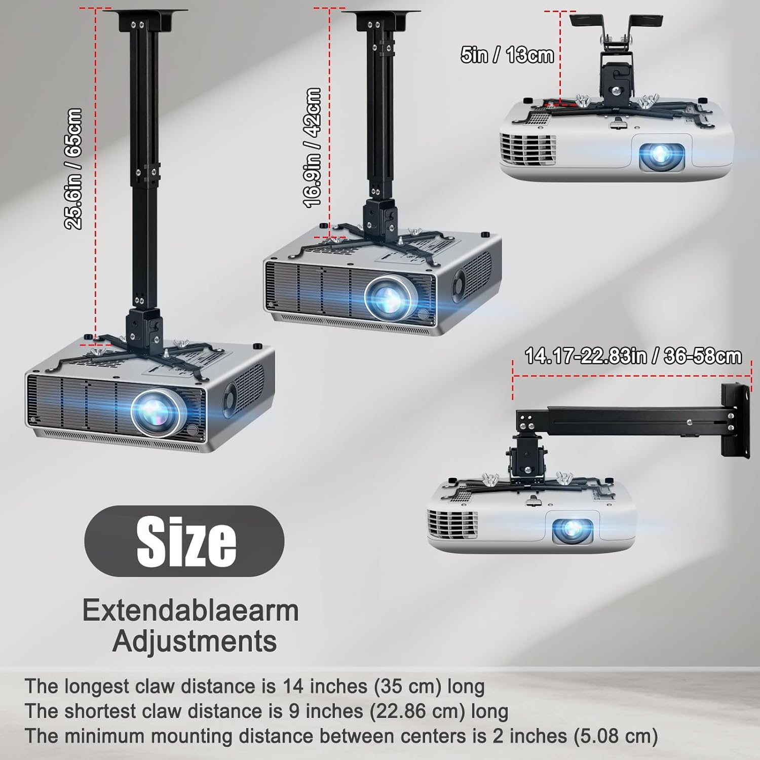 2-Be-Best Projector Ceiling Mount Wide Pipe Universal 3-In-1 Projector Wall Mount Bracket with Adjustable Arm, Flush Mount Option, Built-In Cable Management for Office Home Black image number 5