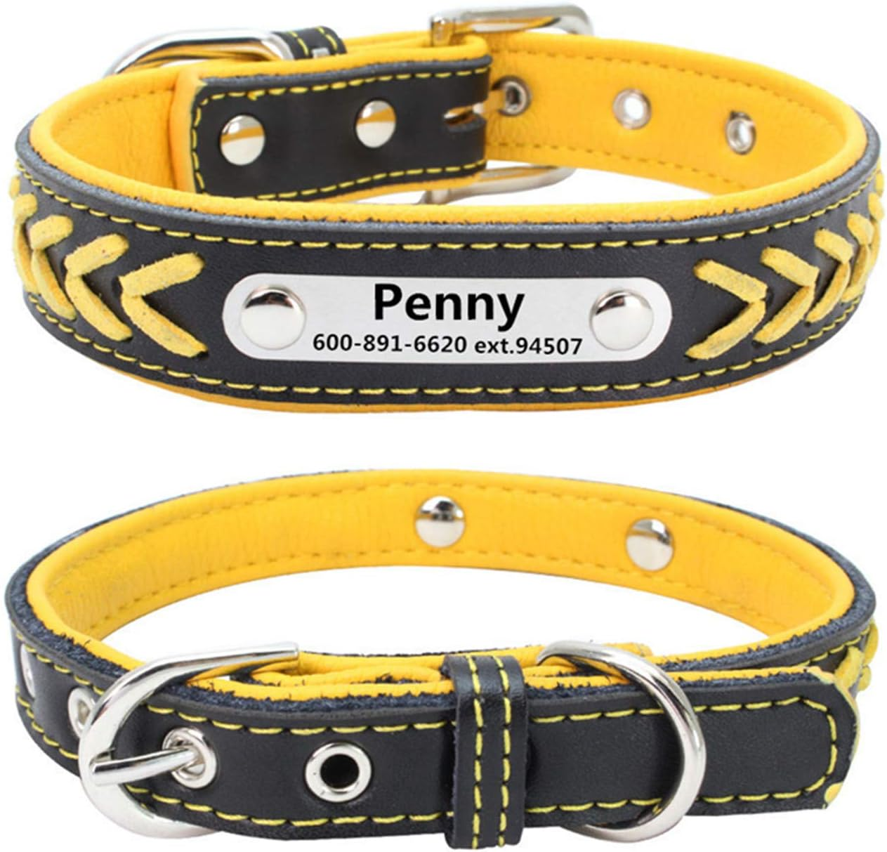 THAIN Leather Custom Collar,Braided Leather Engraved Dog Collars with Personalized Stainless Steel Nameplate for Small Medium Large Dogs (L(Neck 14.17"-18.11"), Yellow) image number 2
