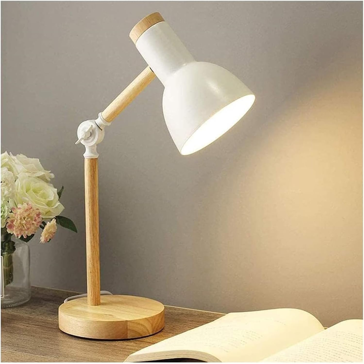 Desk Lamp E27 Wood Adjustable Angle with Metal Shade Table Lamp Modern with 3 Colors Dimmable Switch Bedside Lamps Eye Protection Simple Reading Lamp for Office Study Room Bedroom Living Room (White) - Grey image number 3